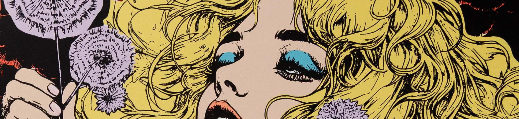 Detail of FAILE's Across the Cosmos (Lavender Version), a screen print: a blonde woman in profile with blue eyeshadow, holding lilac dandelion clocks.