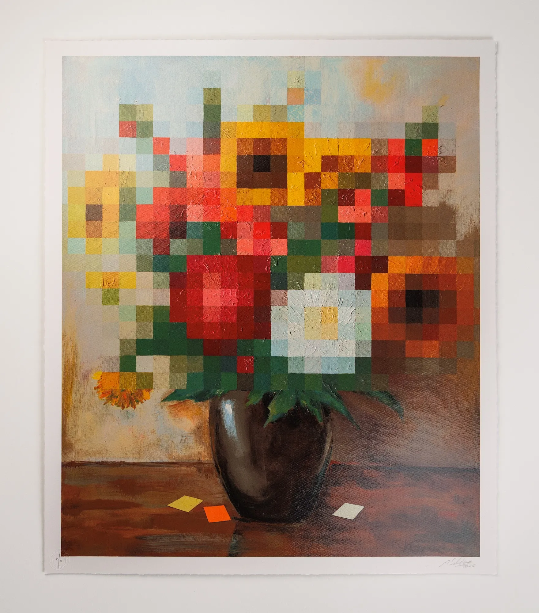 André Schulze's Kern Bouquet: a still life of flowers in a dark vase on a table, the blooms broken into a grid of square colour blocks, with one untouched flower drooping at the left and three loose coloured squares on the table.