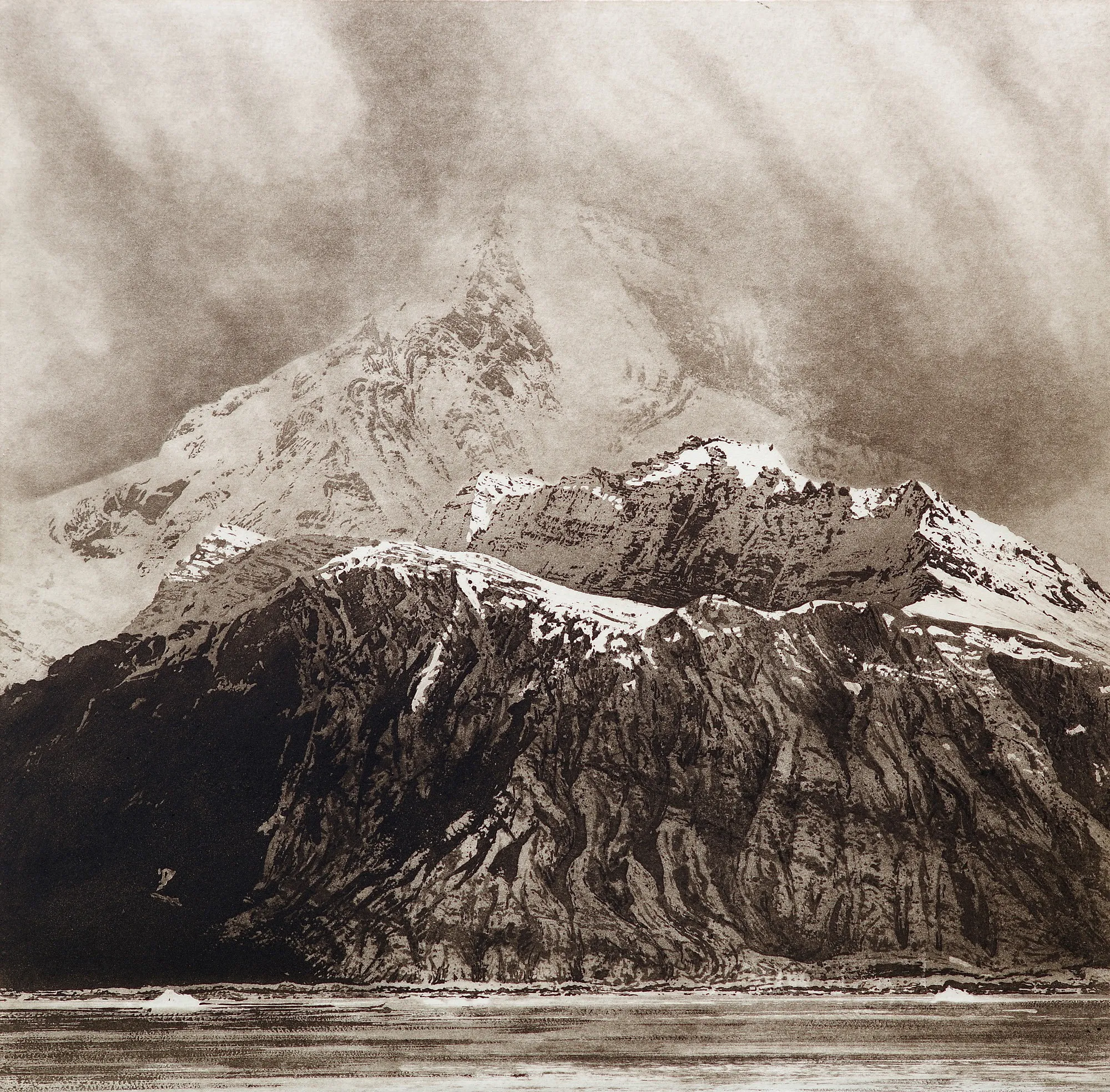 Ian Brooks's Henriksen Buttress (2022), aquatint etching: a snow-streaked mountain wall under drifting cloud, rendered in tone with no line.