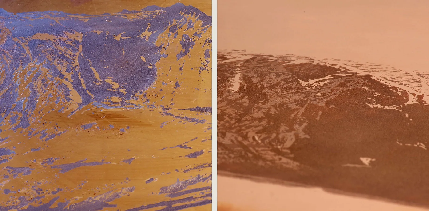 Two copper plate surfaces side by side: Mount Paget after its first bite, and a low-angle close-up of fine bitten grain on Henriksen Buttress.