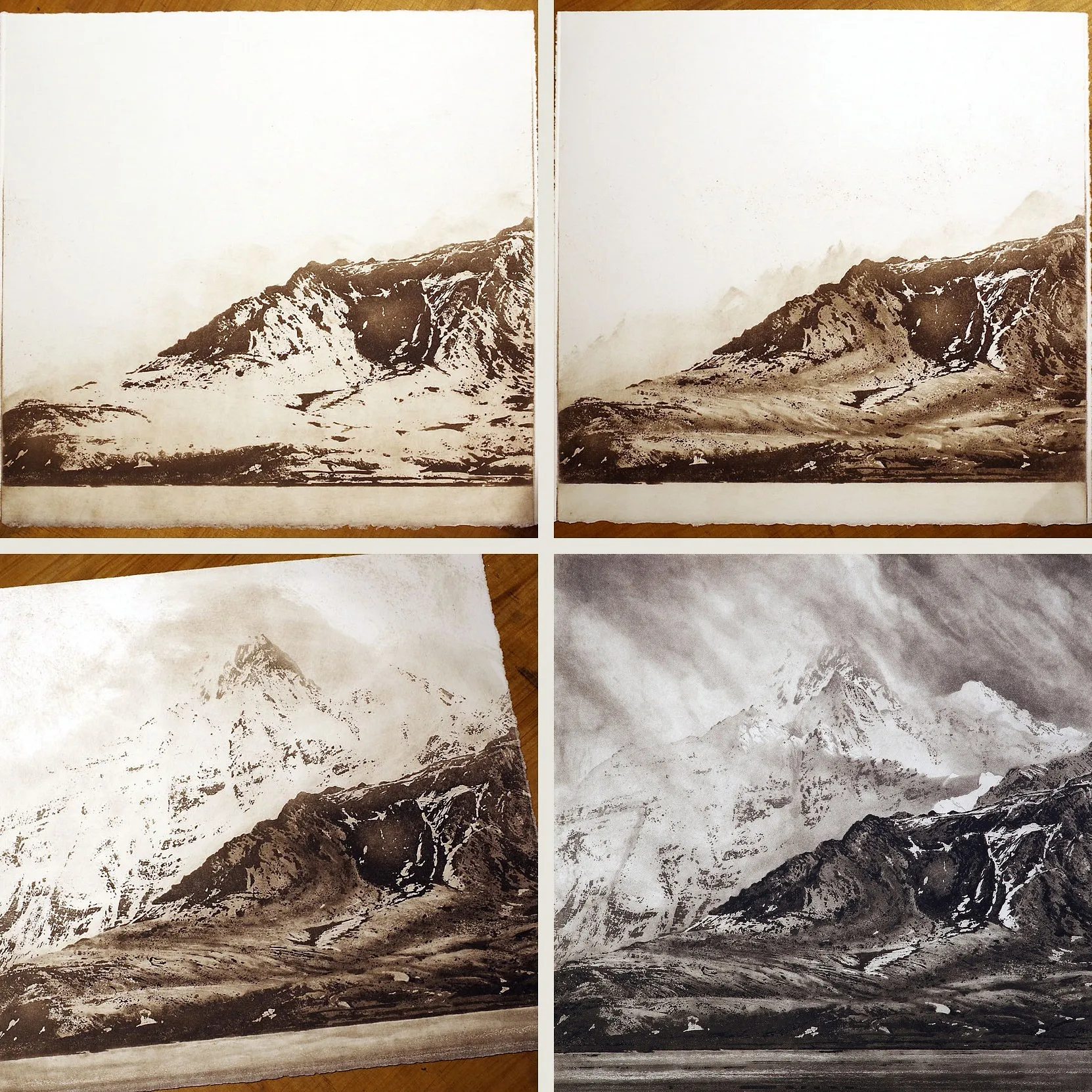 Four proofs of Ian Brooks's Mount Paget in sequence, from a lone ridge on blank paper to the finished print with peaks and a clouded sky.