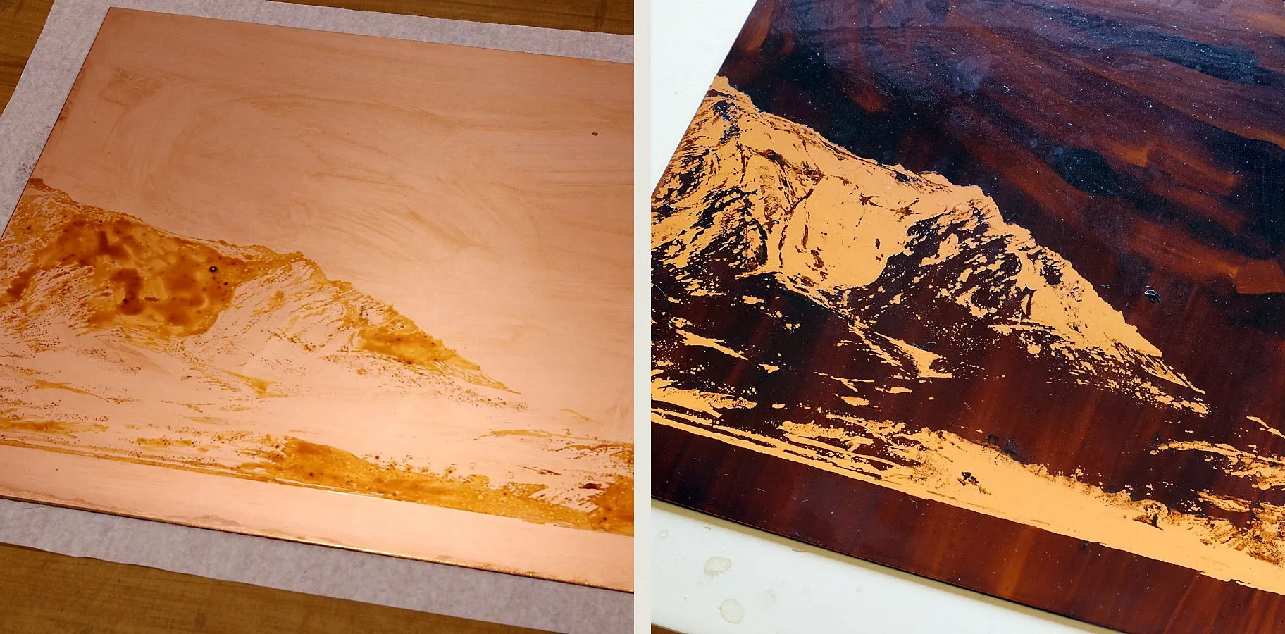 Two stages of a copper plate: amber sugar-lift brushwork drawn over bare copper, then the plate under a dark ground with the brushed mountain shapes showing as bright exposed copper.