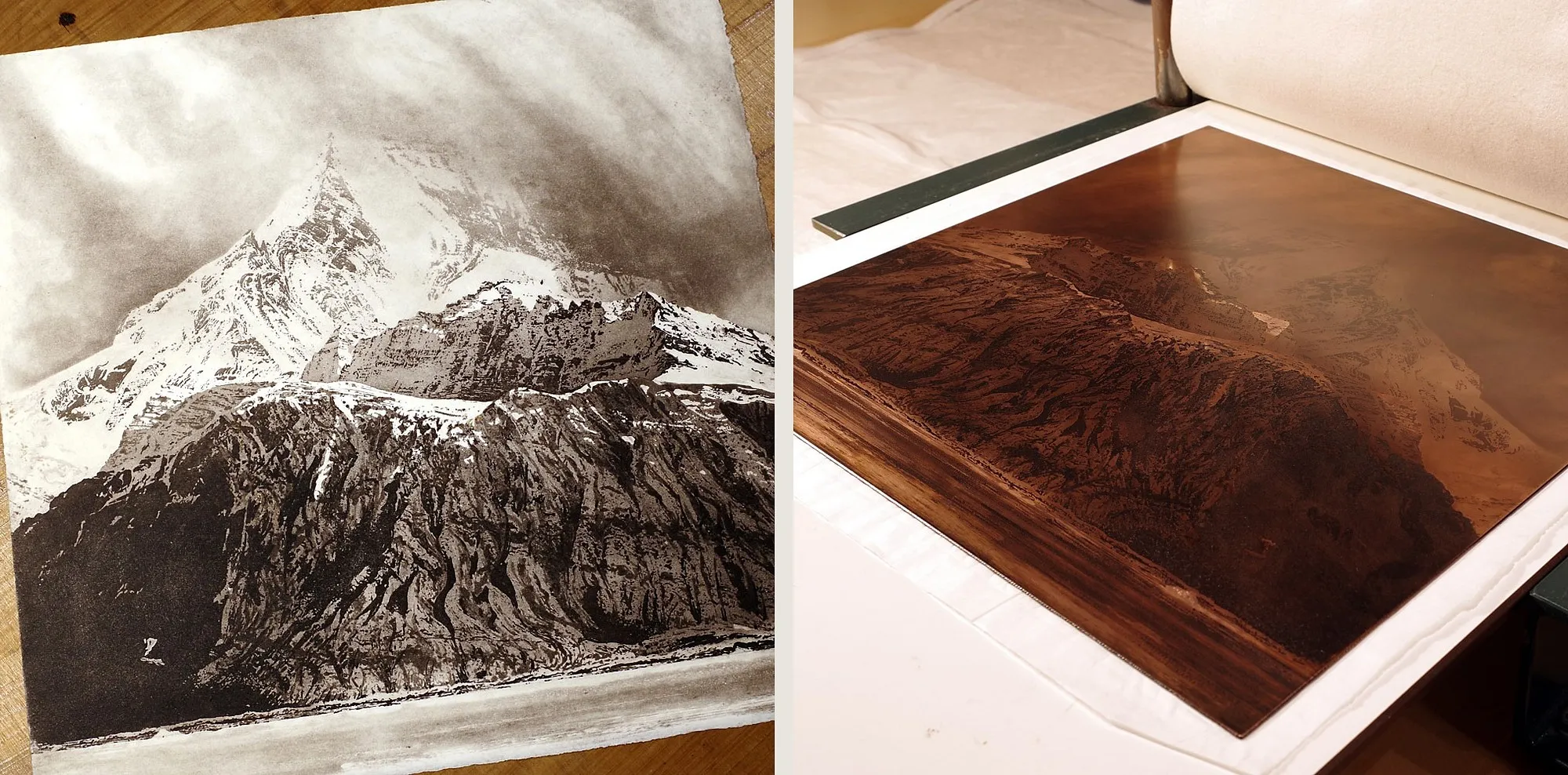 A nearly finished proof of Henriksen Buttress beside its copper plate, inked and wiped, lying on the bed of a printing press.