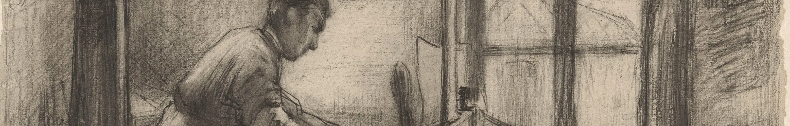 Detail of Anthon van Rappard's charcoal drawing De steendrukker (The Lithographic Printer): a printer in shirtsleeves leans over the bed of a hand press, a blank sheet before him and the press frame beyond.