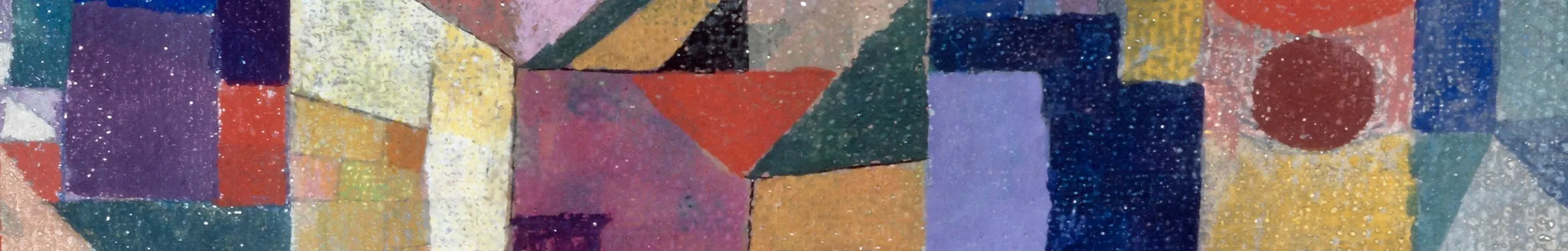 A wide crop of a geometric abstract painting — a mosaic of stippled colour blocks in purple, red, yellow, and blue with a dark red disc.