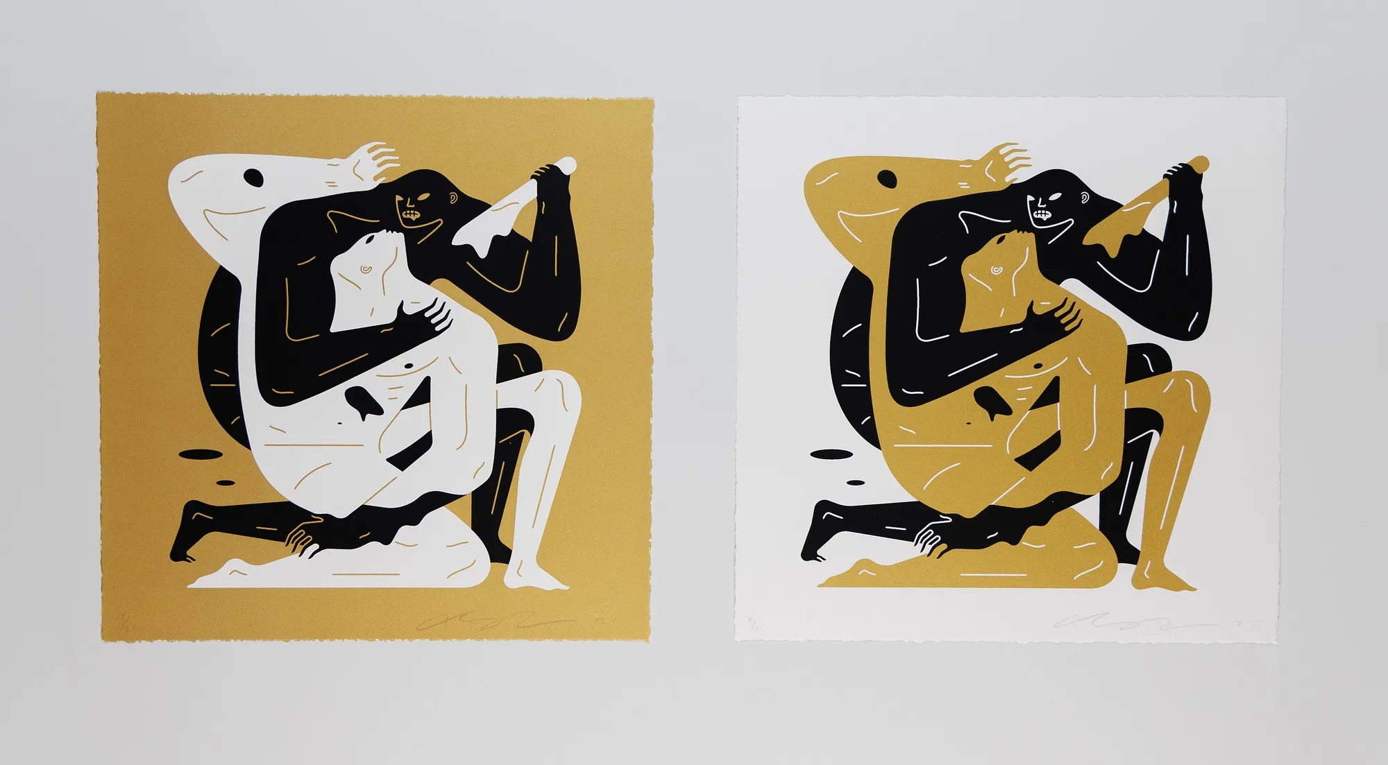 Cleon Peterson's I Against I in two versions side by side. On the Gold, the ground is gold to the deckled edge and the second figure and the curving form are white, while the black figure stays black. On the White, a black figure with bared teeth raises a club while holding a gold figure who arches back against him, beneath a large curving gold form with a single eye.