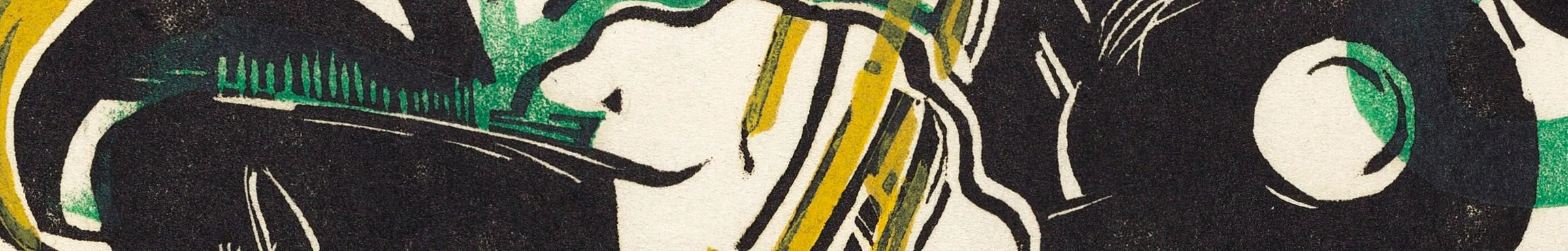 A wide crop of a bold black-and-white relief print accented with green and yellow — strong gestural shapes around a white disc.