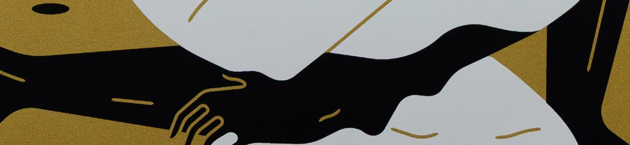 Detail of Cleon Peterson's I Against I (Gold Version), a screen print: two hands closing around an outstretched arm in black, white and gold.