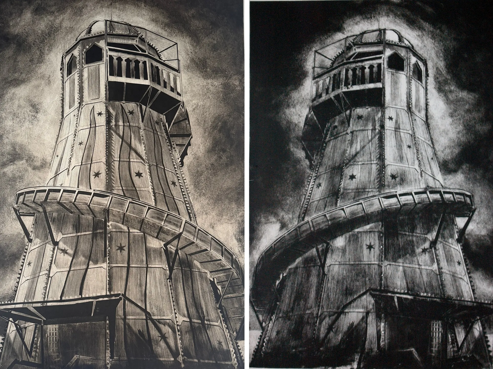 Jenny Robinson's Helter Skelter, a fairground helter-skelter seen from below: the warm-toned inked cardboard plate beside its darker, mirror-image print.