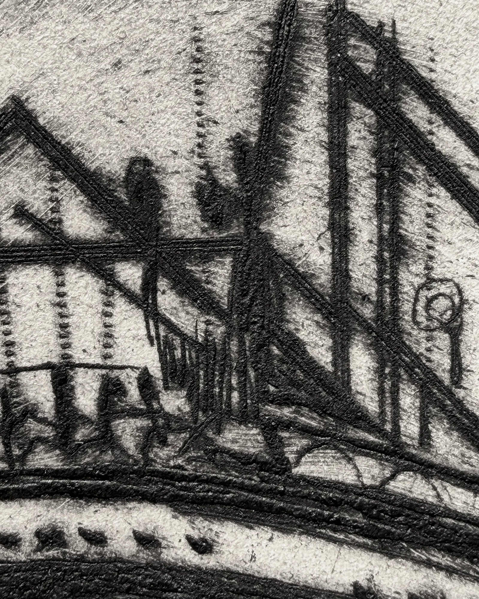 Detail of a drypoint balcony railing, each drawn line surrounded by a soft, dark spread of ink.