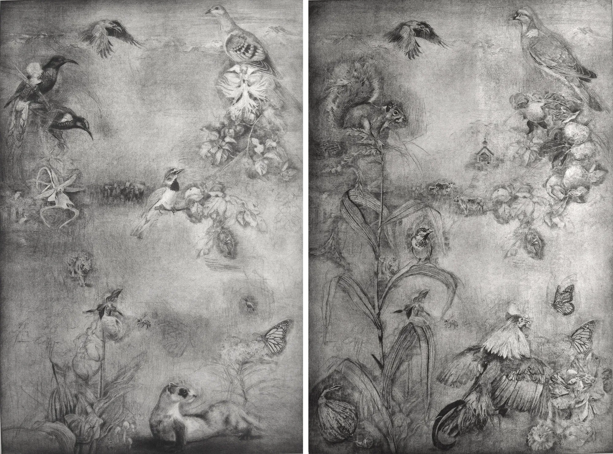 Two large drypoints from one copper plate: birds, flowers and animals floating in a grey field. In the second, corn, a chapel and a rooster replace parts of the first.