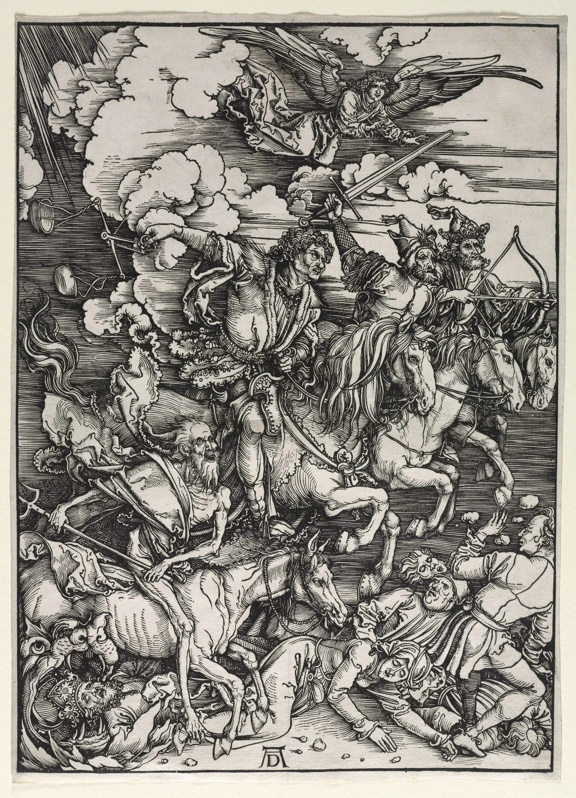 Dürer's woodcut The Four Horsemen of the Apocalypse: four riders charging over fallen figures.