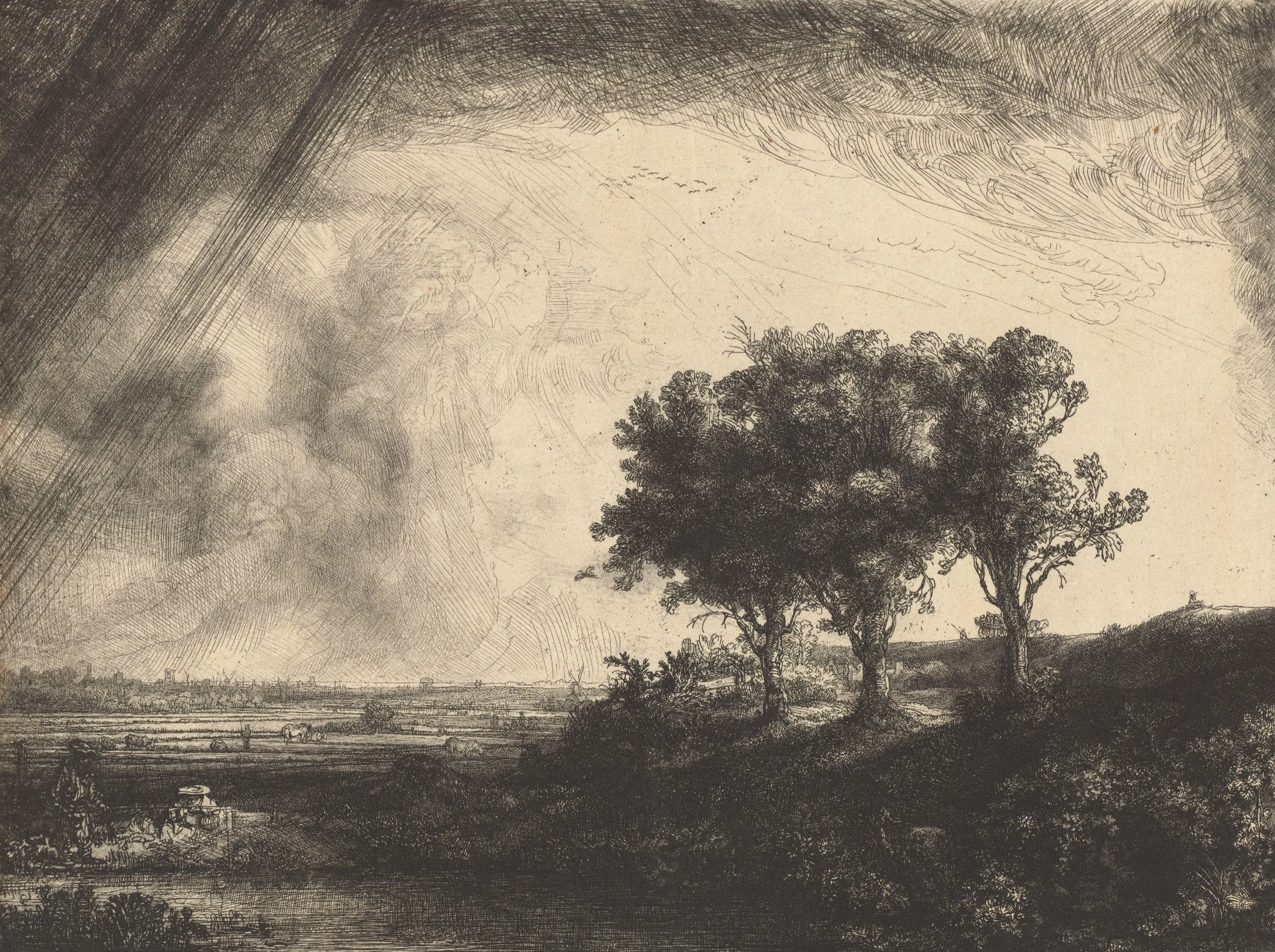 Rembrandt's 1643 etching The Three Trees: tall trees on a rise above a flat Dutch landscape under a dramatic sky, in fine dark intaglio lines.