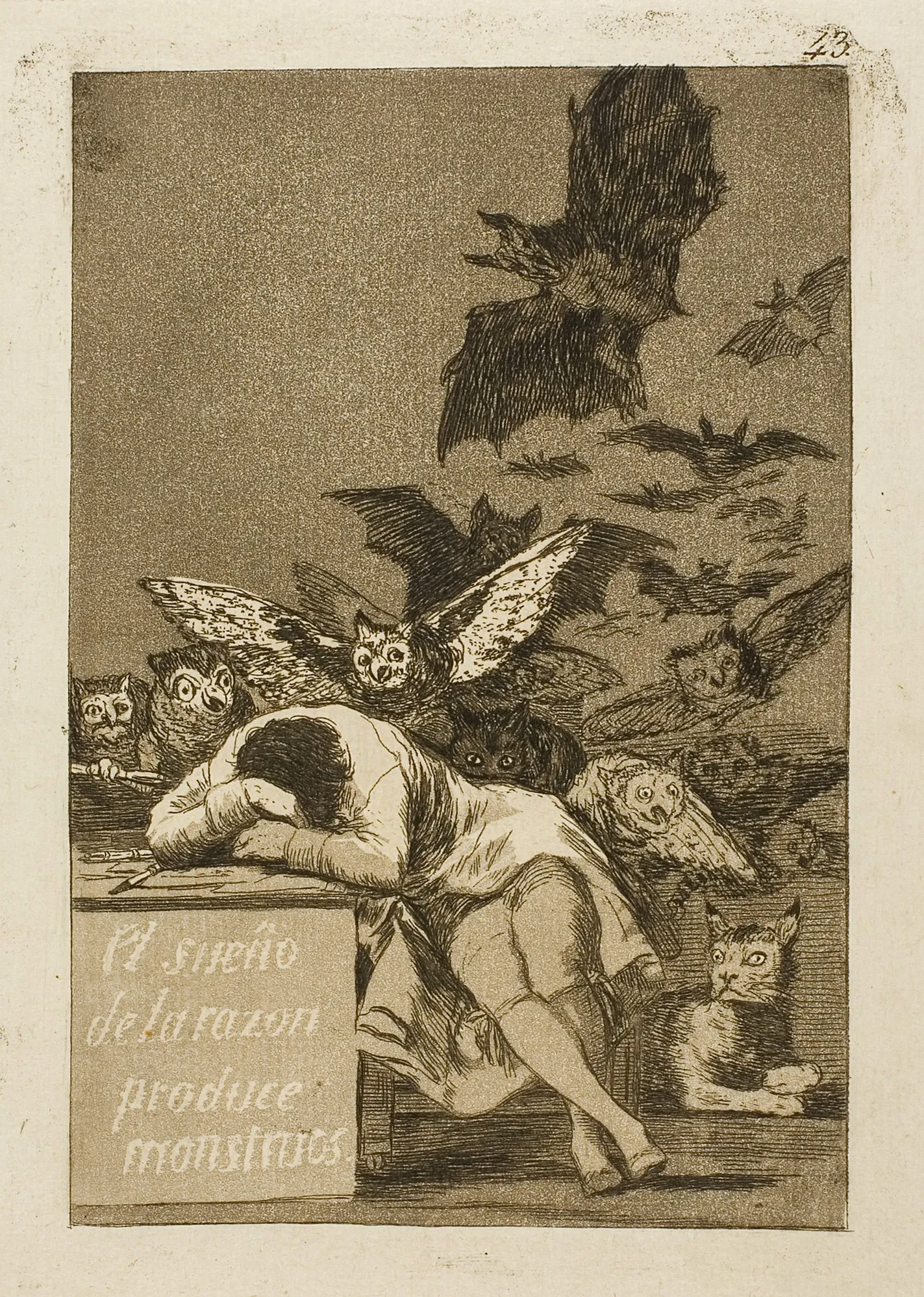 Goya's etching of a man slumped asleep over his desk as owls and bats rise from the darkness behind him.
