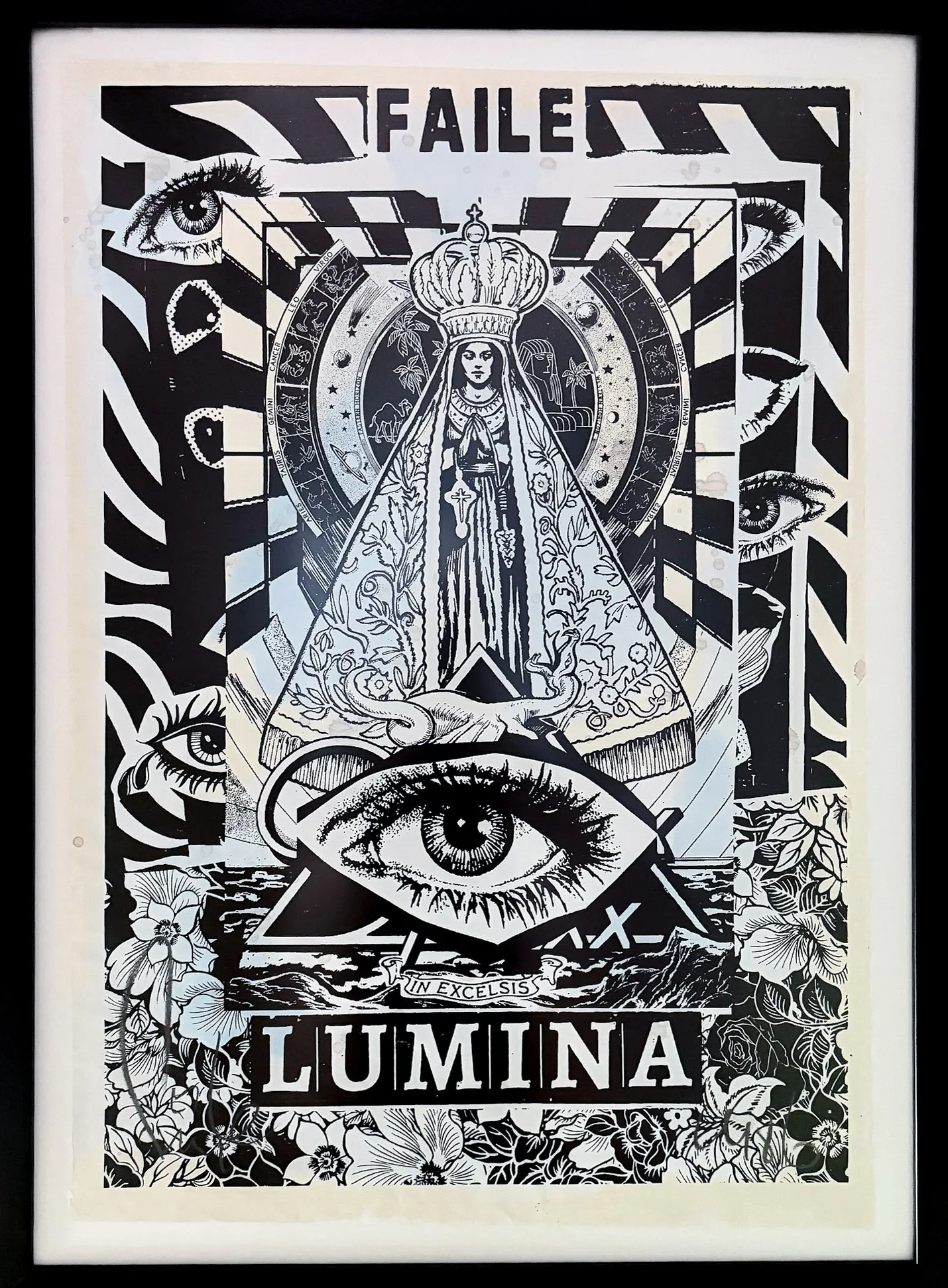 FAILE's Lumina, a mostly black-and-white screen print on thin butcher paper, shown framed.