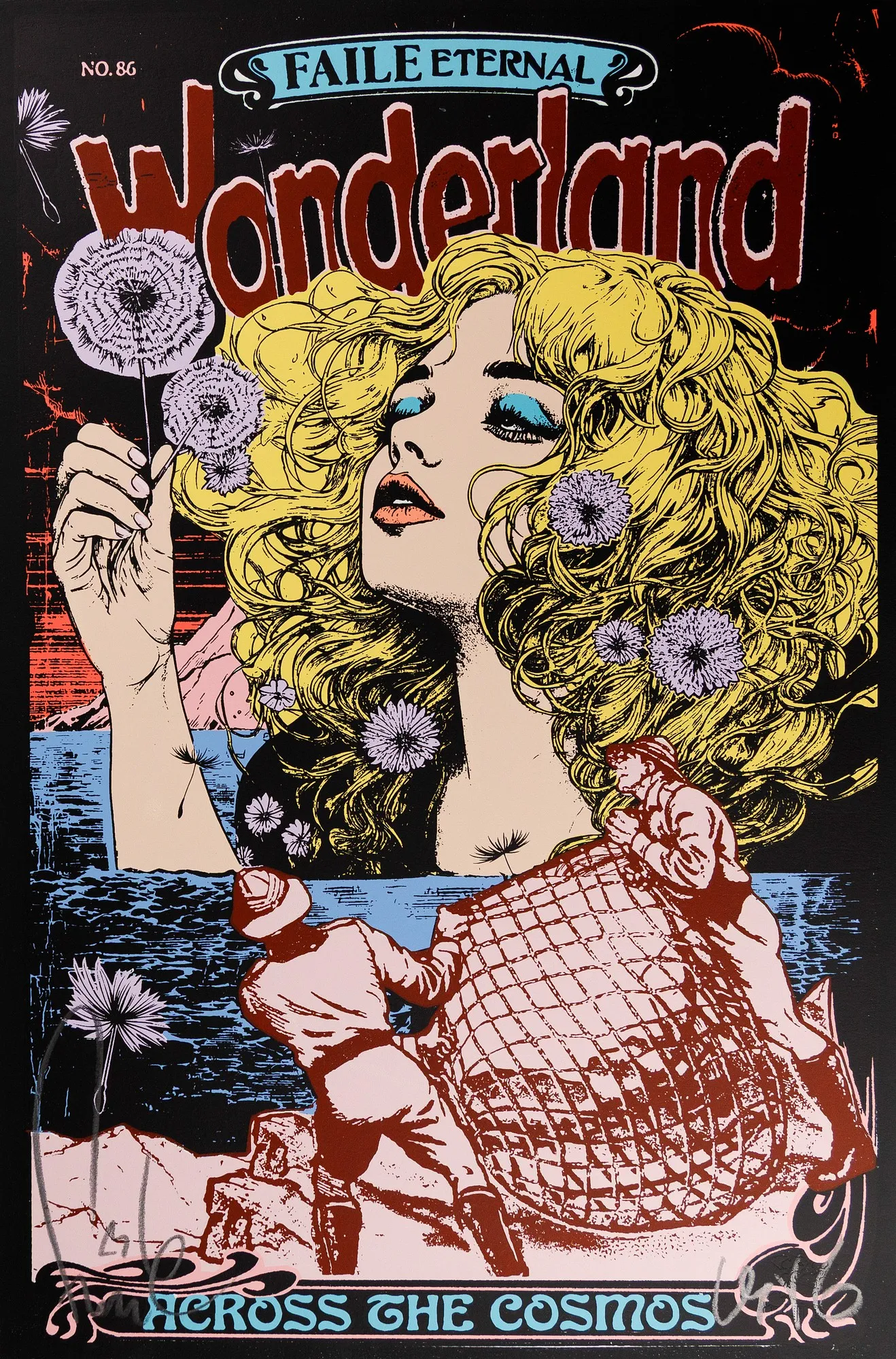 The front of FAILE's Across the Cosmos, styled as a pulp magazine cover titled Wonderland: a blonde woman holds a dandelion clock beneath the masthead while men haul a net along a rocky shore below, with two signatures over the lower corners of the image.