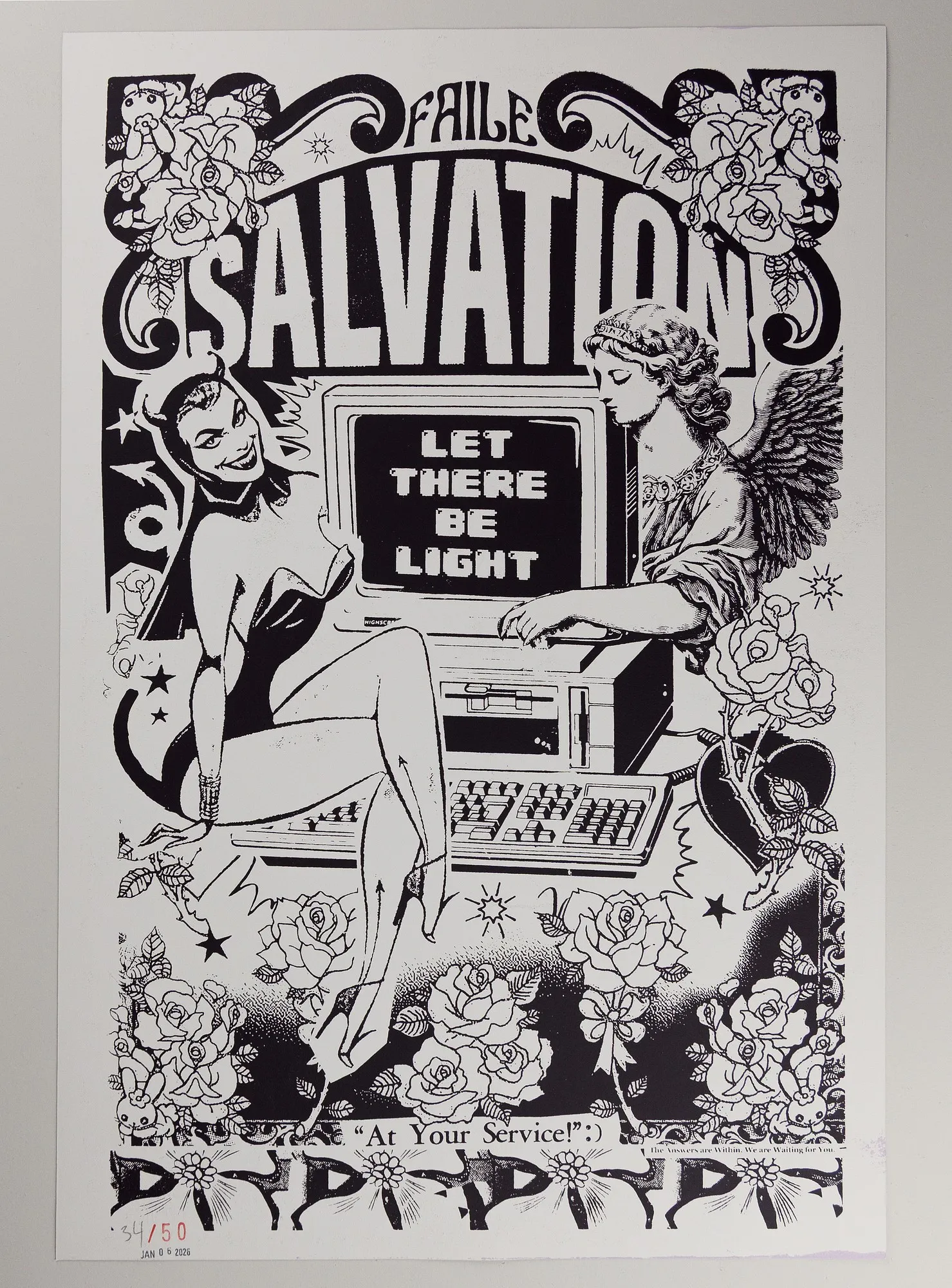The back of FAILE's Across the Cosmos, printed in black: a pin-up devil and a winged angel flank an old desktop computer whose screen reads Let There Be Light, under the word Salvation and framed by roses, with the edition number stamped at lower left.