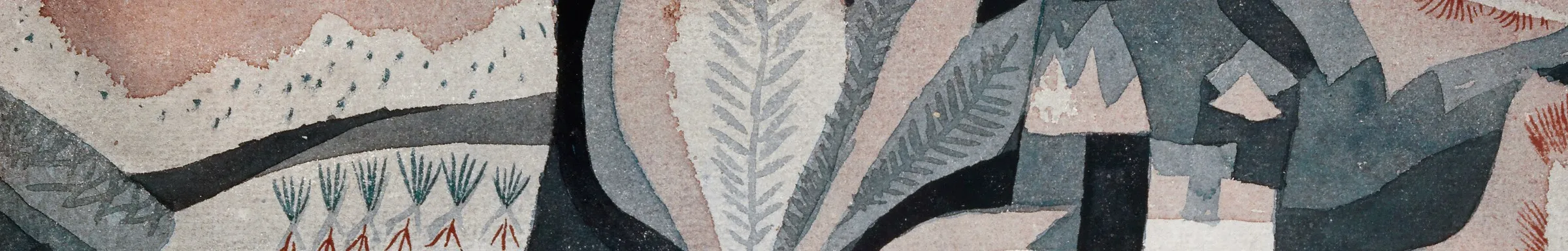 A wide crop of a muted watercolour landscape — stylised ferns and rows of small red and green sprouts across terraced, earth-toned ground.