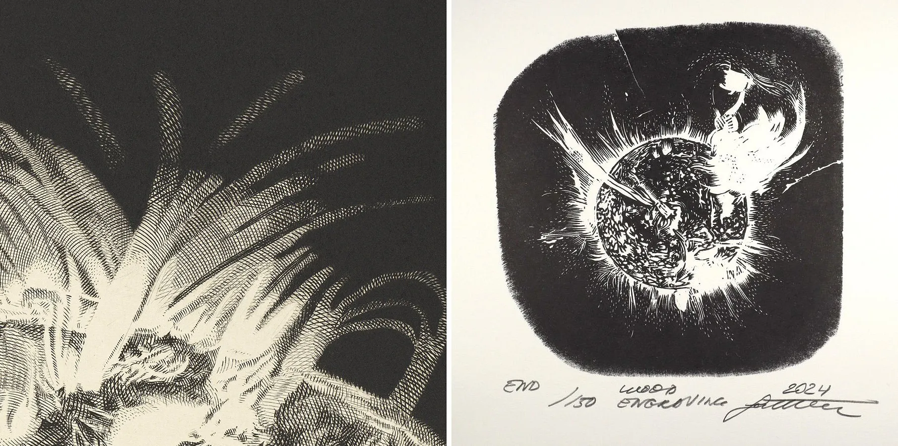 Two works by Reinis Gailītis side by side: at left, a detail of engraved lines swelling and tapering into flame-like forms against black; at right, a small wood engraving of a sun in eclipse, its corona cut as white lines in a dark field.