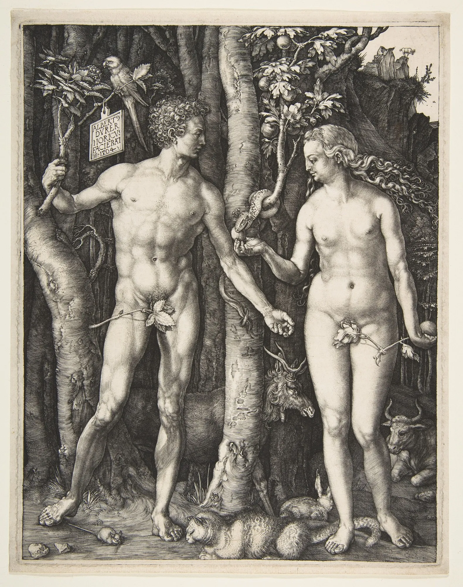 Dürer’s engraving of Adam and Eve standing in a dense forest, a serpent offering the fruit, a tablet bearing his signature hanging from a branch.