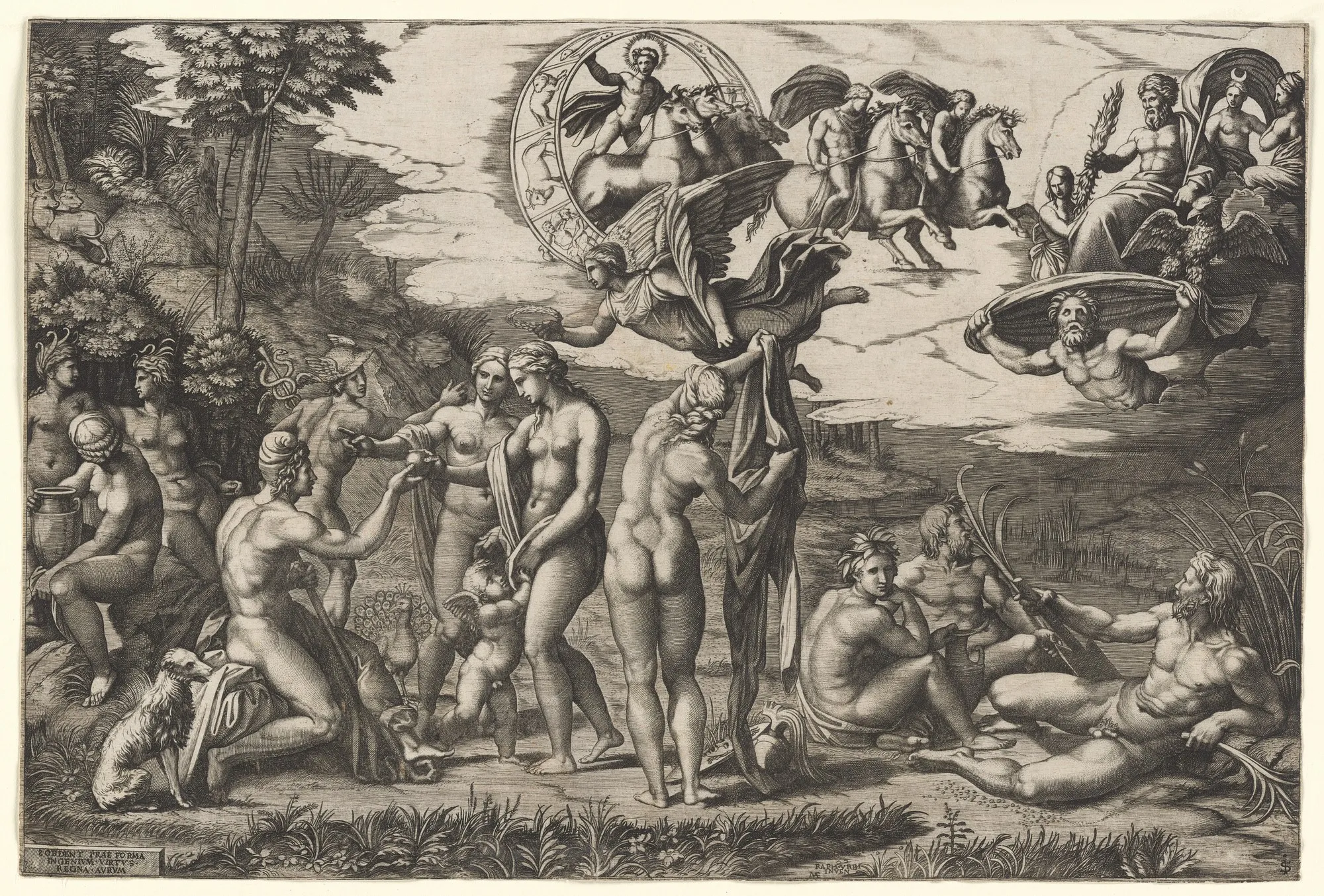 A wide, crowded engraving of Paris seated with three goddesses, gods and river figures around them, every form modeled in fine parallel hatching.
