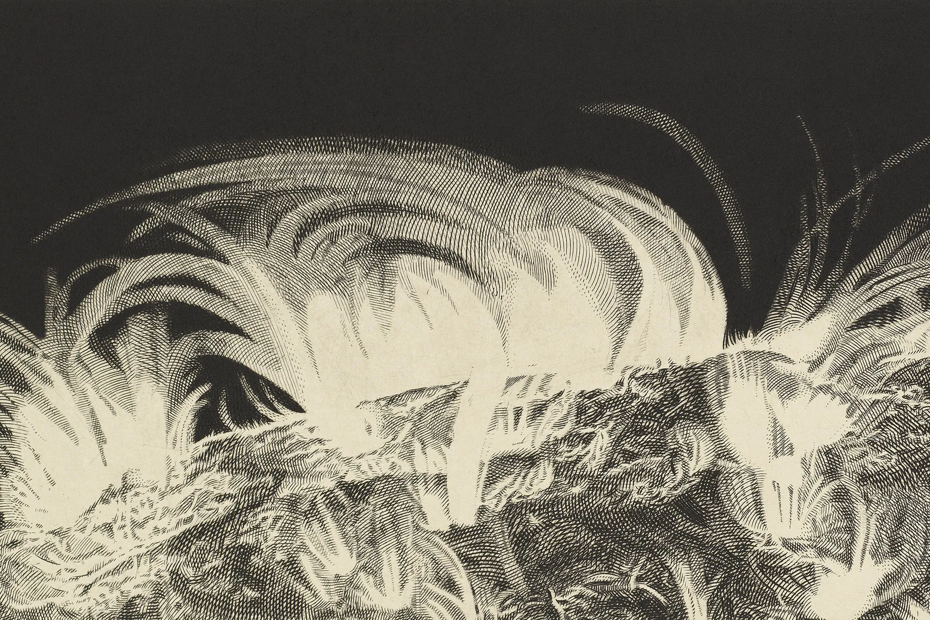 Detail of Reinis Gailītis's Sun: engraved solar flares arching in white against a solid black ground.