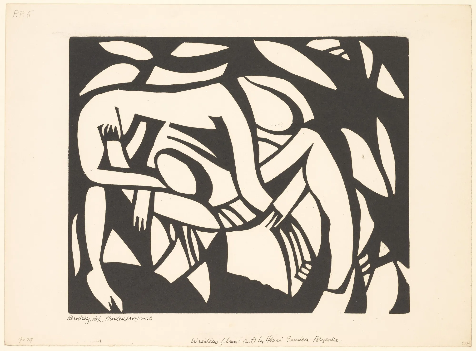 Two wrestlers locked together, cut as broad interlocking pale shapes against a solid black ground, with the sheet inscribed in pencil below.