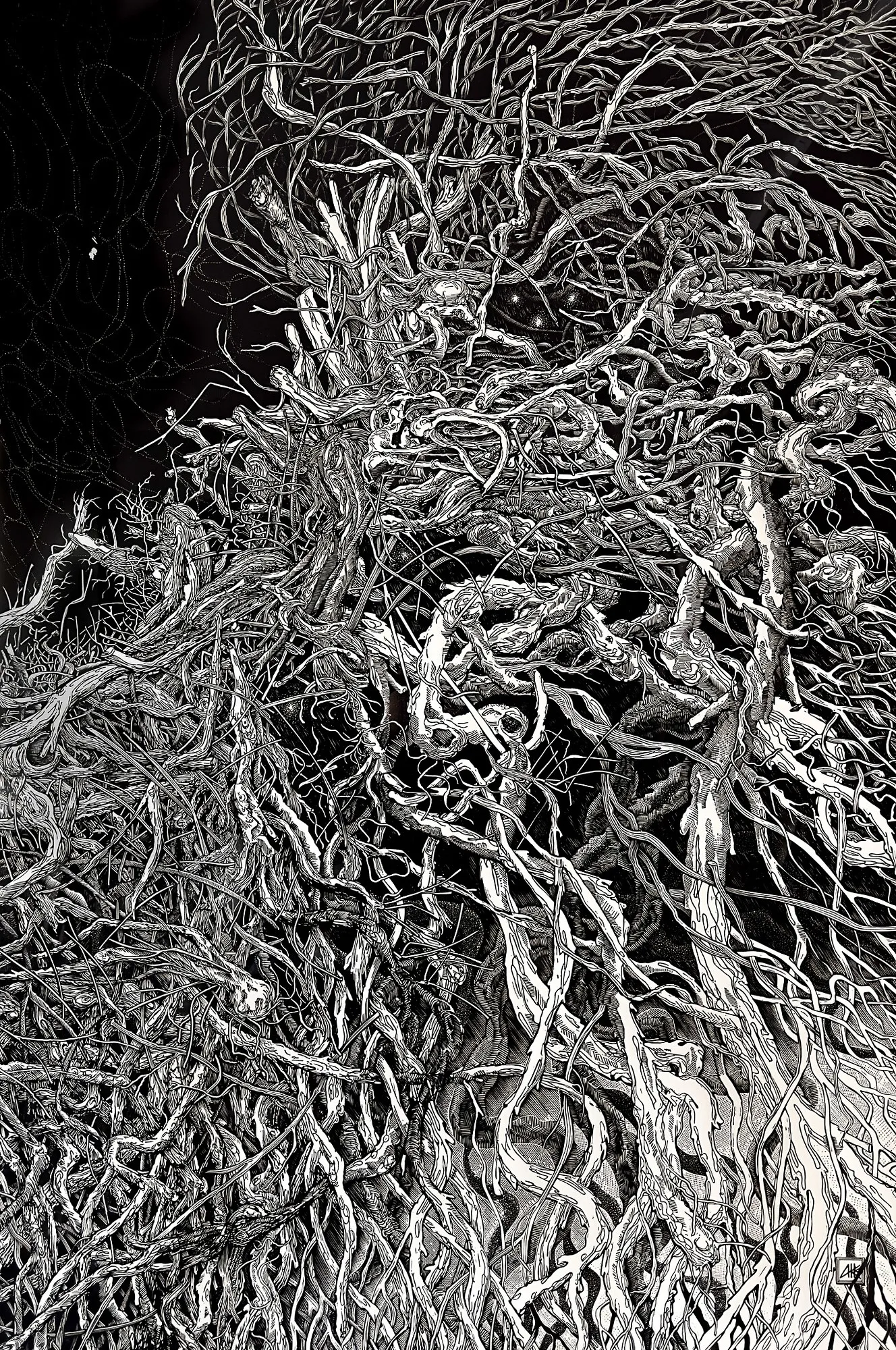 The finished Habitat sheet in full: a dense white network of roots and branches printed against a black ground.