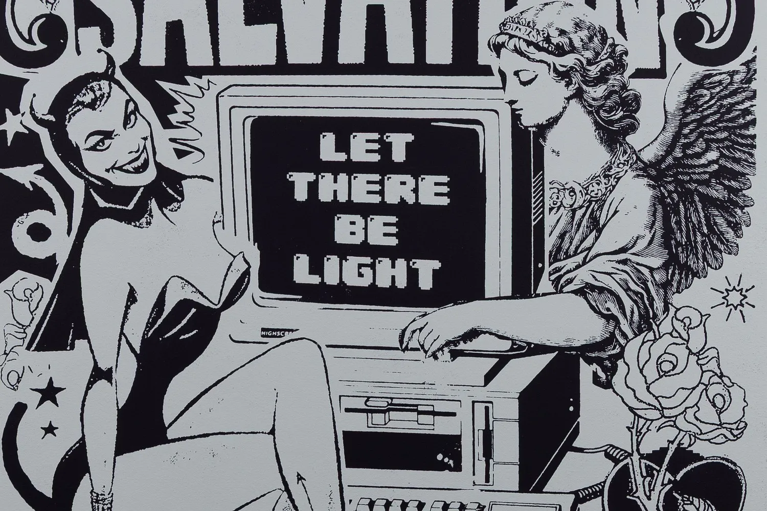 A detail of a black-and-white street-art screen print — a horned pin-up beside a vintage computer reading "Let There Be Light", an angel at the keyboard, beneath ornate "Salvation" lettering.