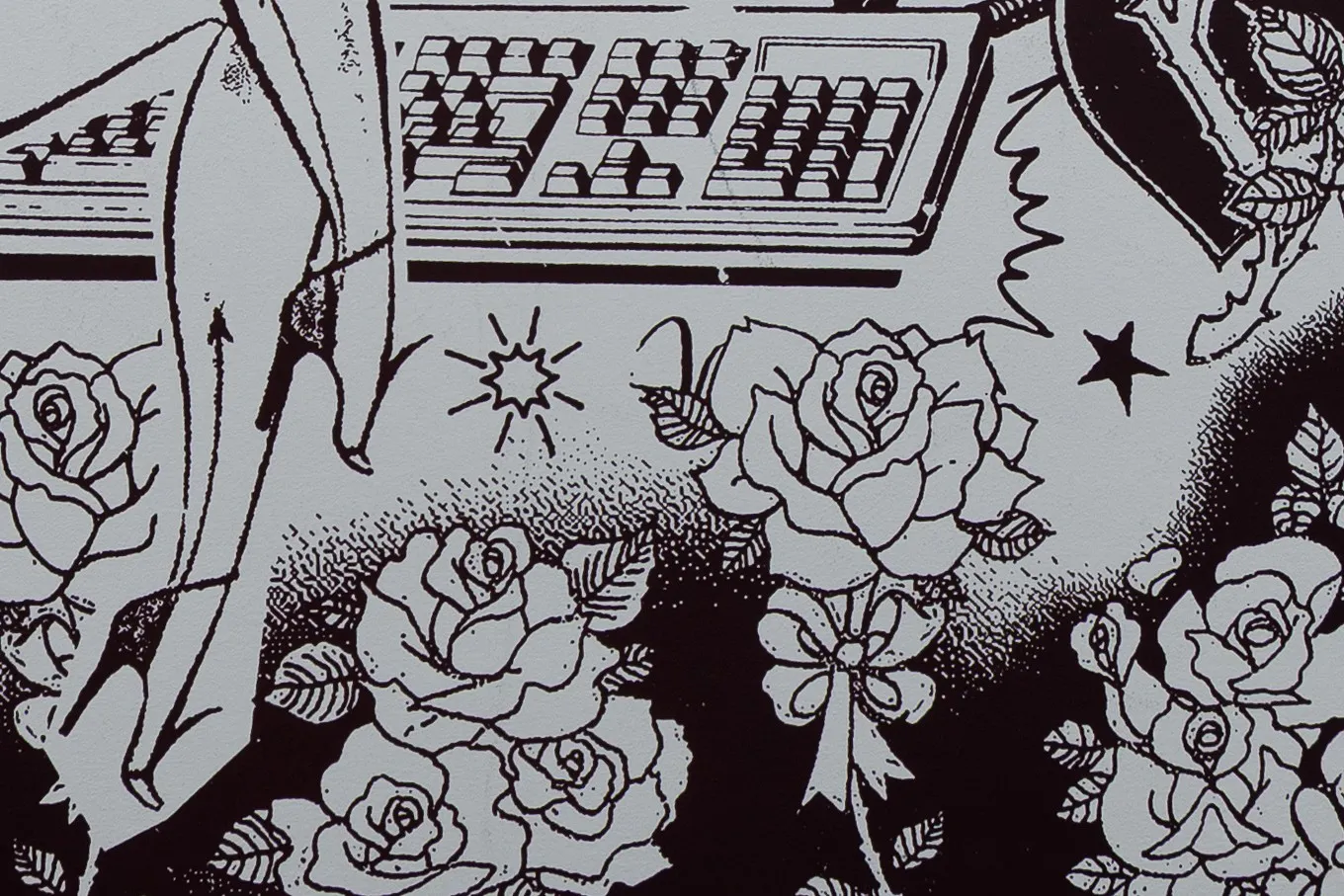 A detail of a black-and-white street-art screen print — a vintage keyboard above heeled legs and line-drawn roses.