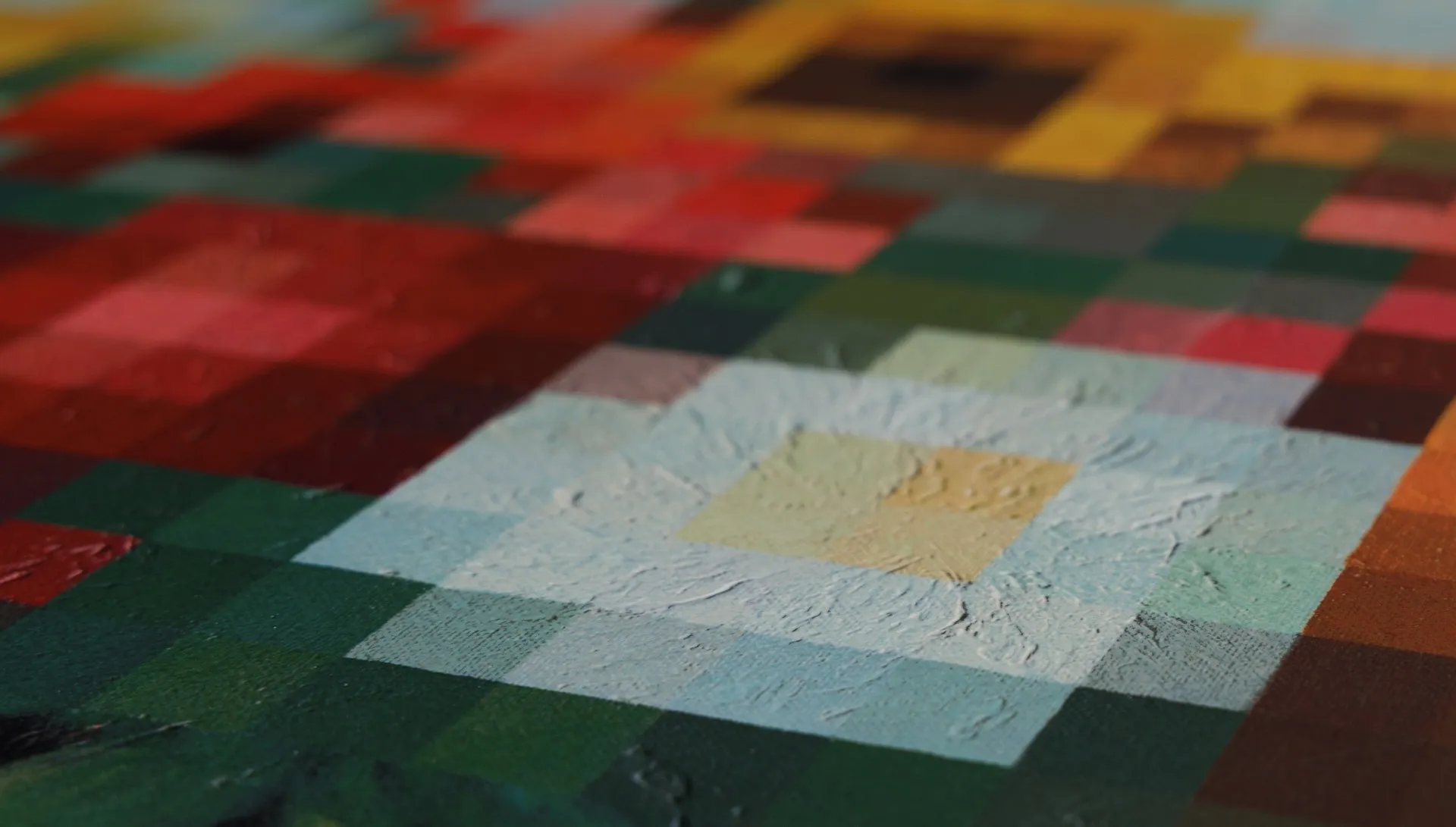 A raking-light close-up of an oil flower still life where the textured brushwork dissolves into flat pixel squares — real paint giving way to a digital reproduction.