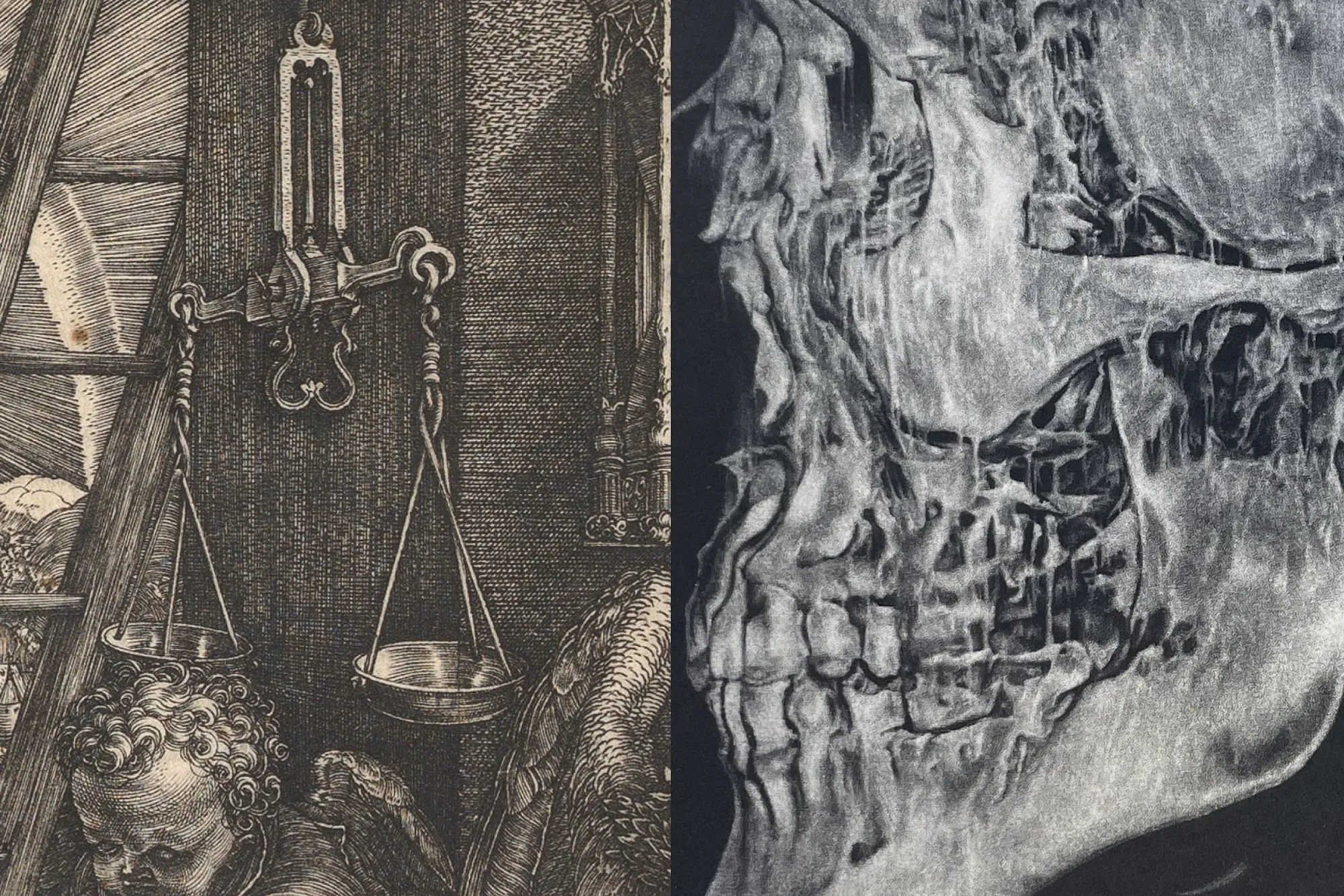 Two magnified details side by side. On the left, an engraving resolves into a lattice of cut lines with white paper visible between them. On the right, a mezzotint shows continuous tone with no linear structure.