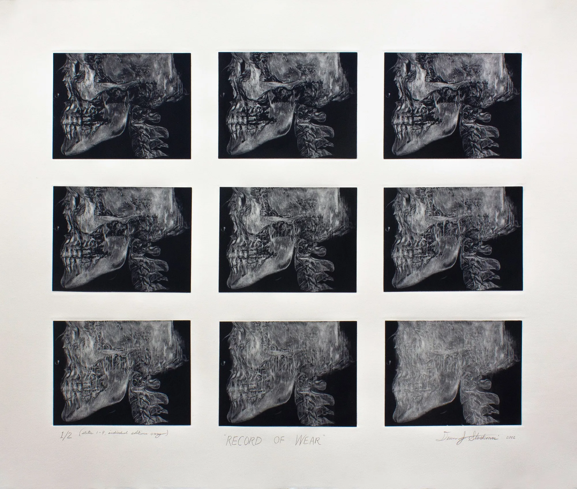 Nine impressions of the same skull in profile, arranged in a three-by-three grid on a single pale sheet. The first is dense black with sharp detail; each subsequent impression is lighter and flatter, the last barely legible. Title, edition and signature are inscribed in pencil beneath.