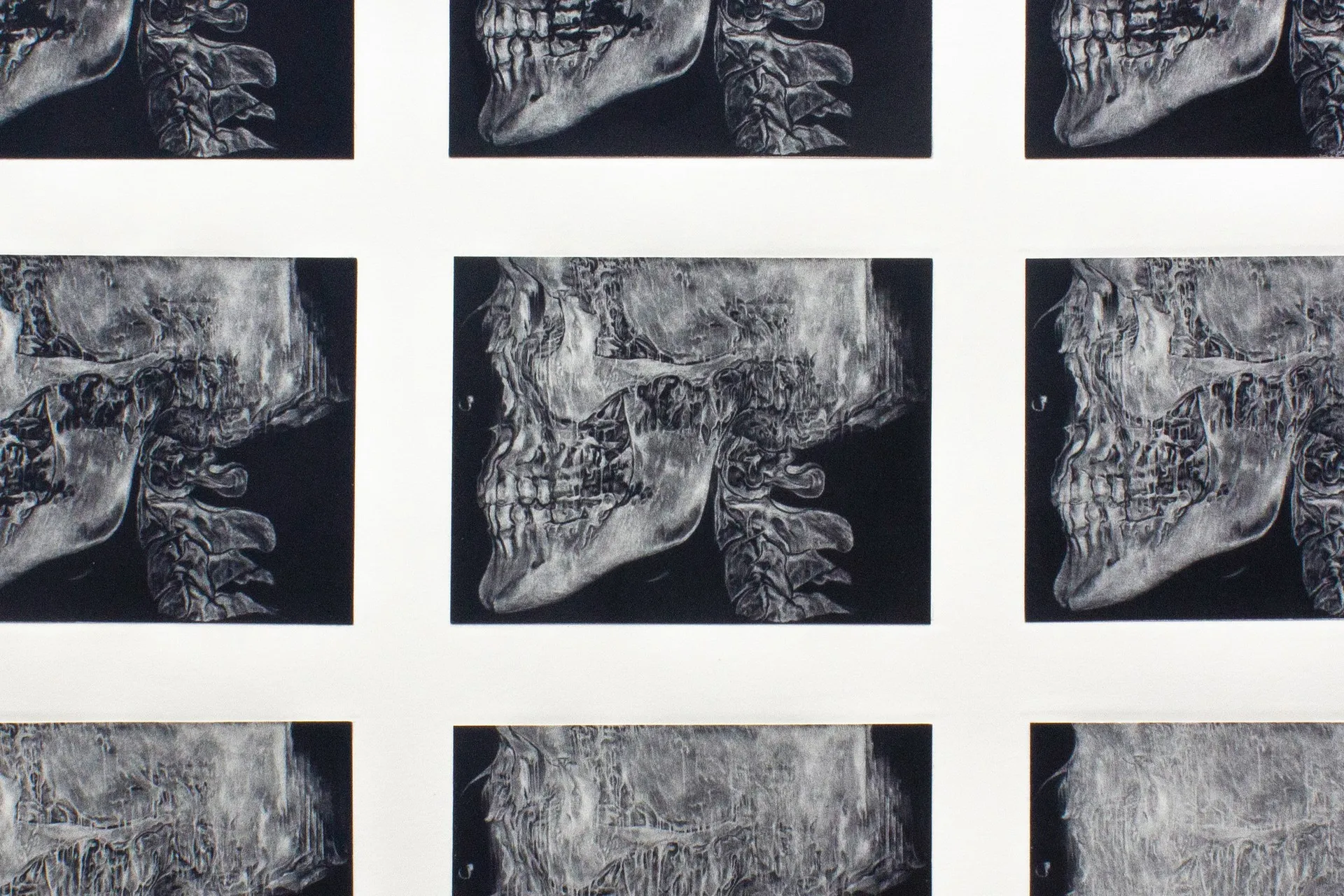 Three states of the same mezzotint plate side by side, a skull in profile, the image progressively lighter from left to right as the plate is worn down.