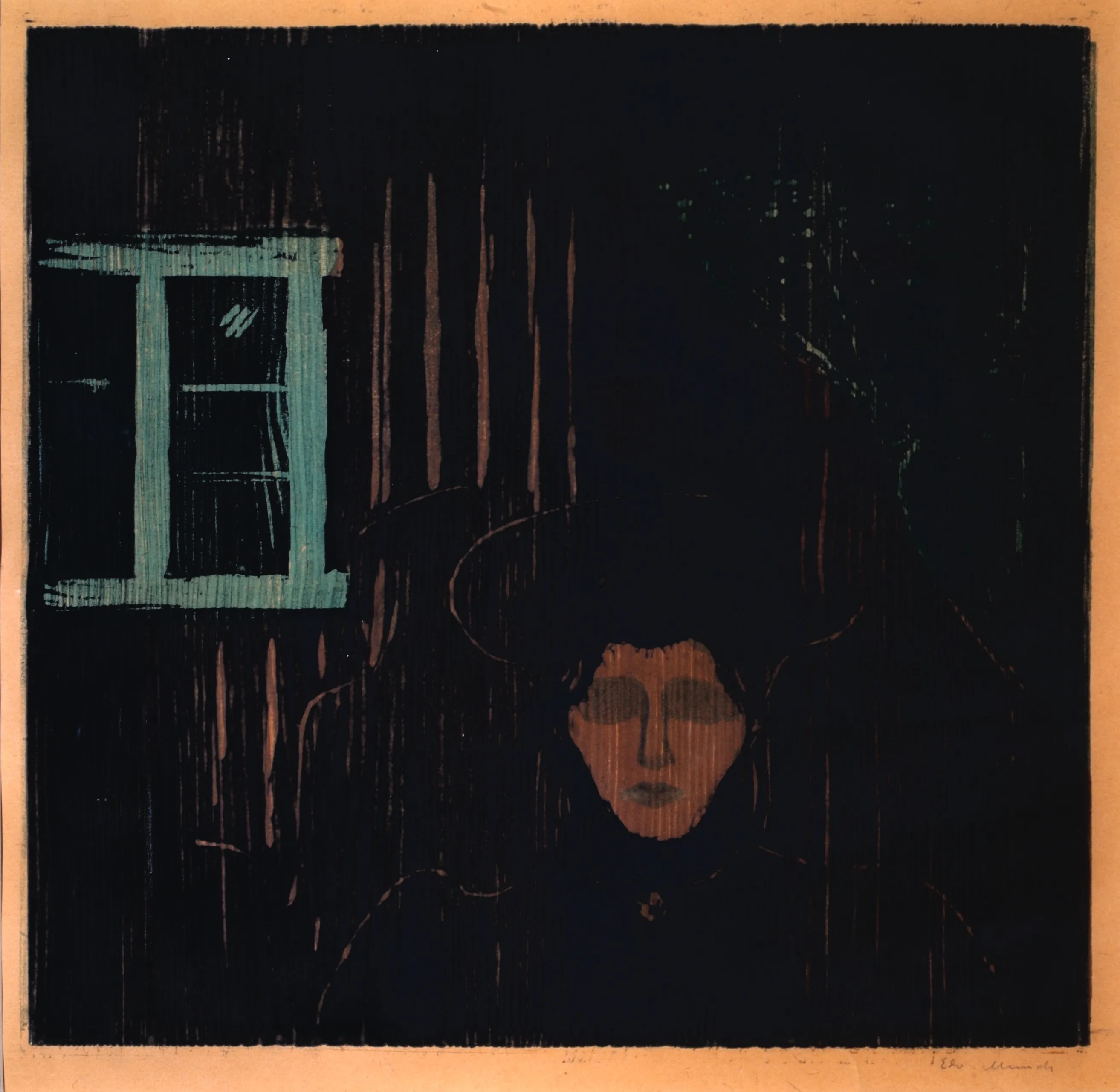 Munch's colour woodcut Moonlight: a woman's shadowed face emerging from darkness, a pale window to the left, the wood grain visible throughout.
