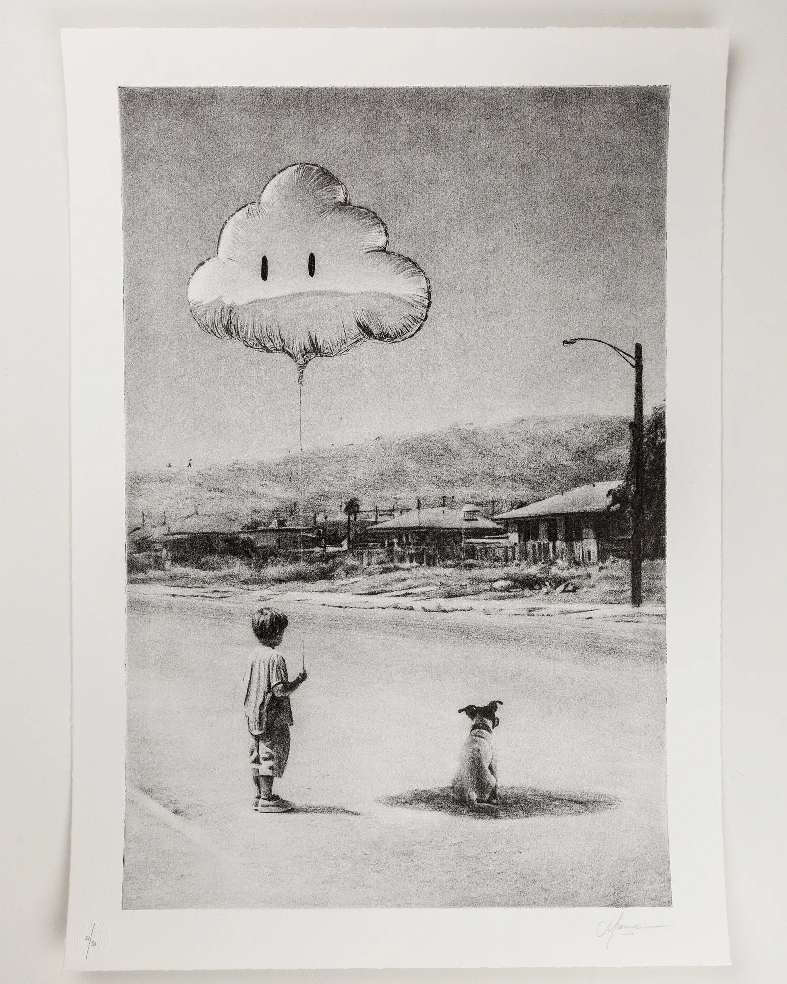 Murmure's Cast Shadow, a hand-finished black etching of a boy, a dog, and a cloud tethered on a line.