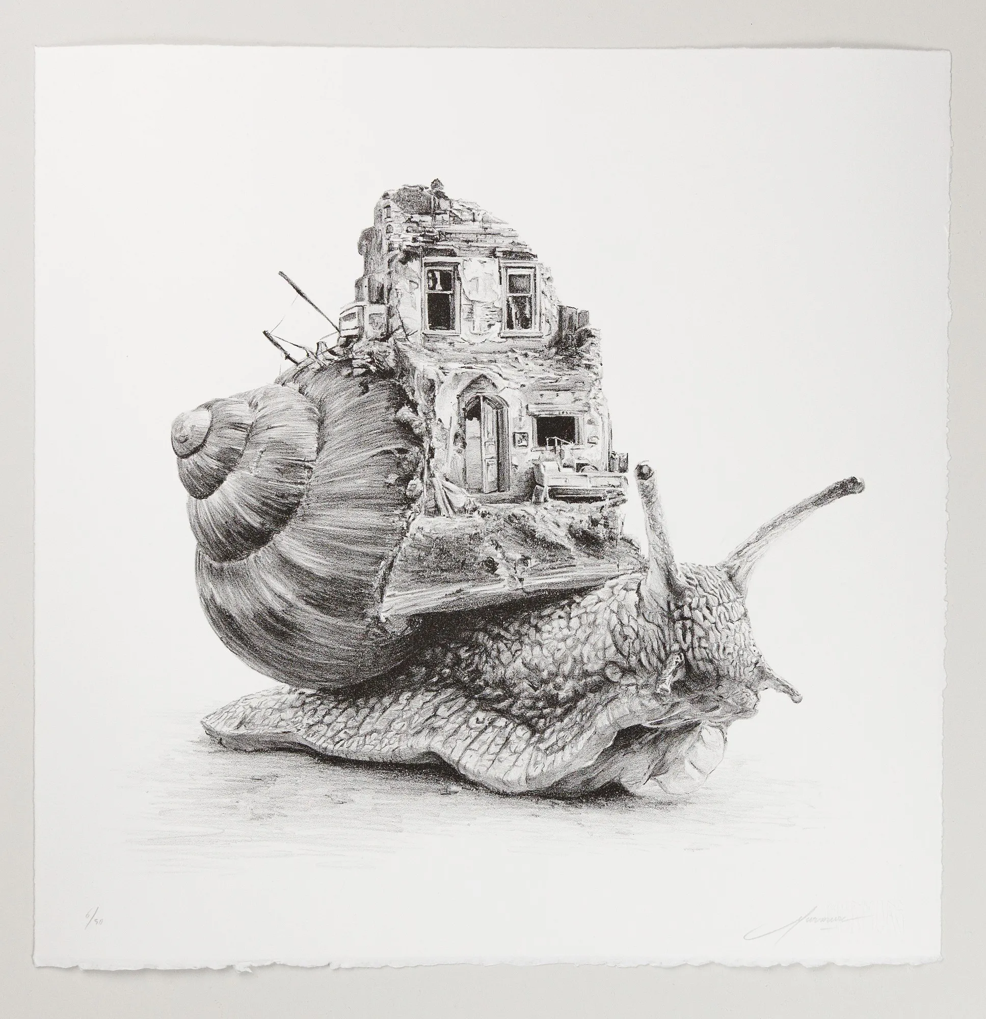 Murmure's Precarious Habitat, a one-colour stone lithograph of a snail carrying its shell.