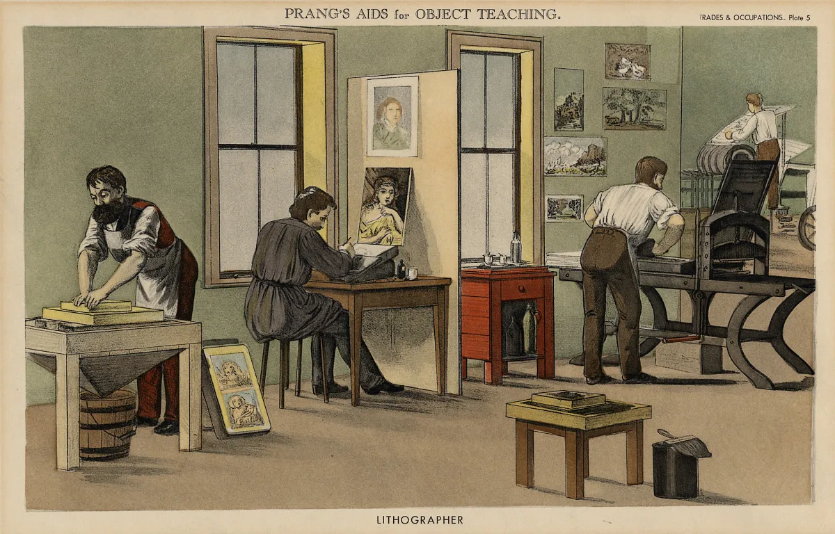 A chromolithograph showing a lithography workshop with four workmen at separate stations: a man smoothing a limestone slab at left, a man drawing onto a prepared stone at an easel behind him, a man working a proof press at right, and a man operating a larger production press in the background.