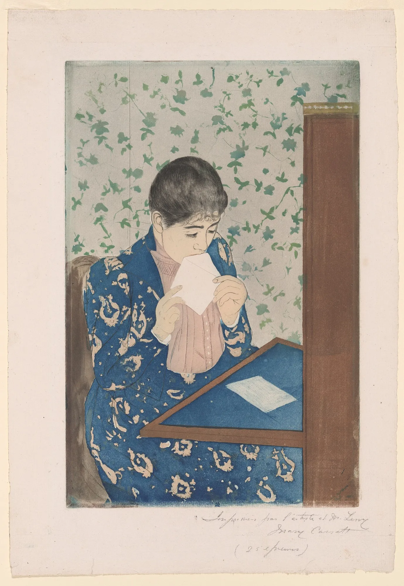 A woman in a blue patterned kimono sits at a desk sealing an envelope, with three lines of pencil inscription in the margin below the image.