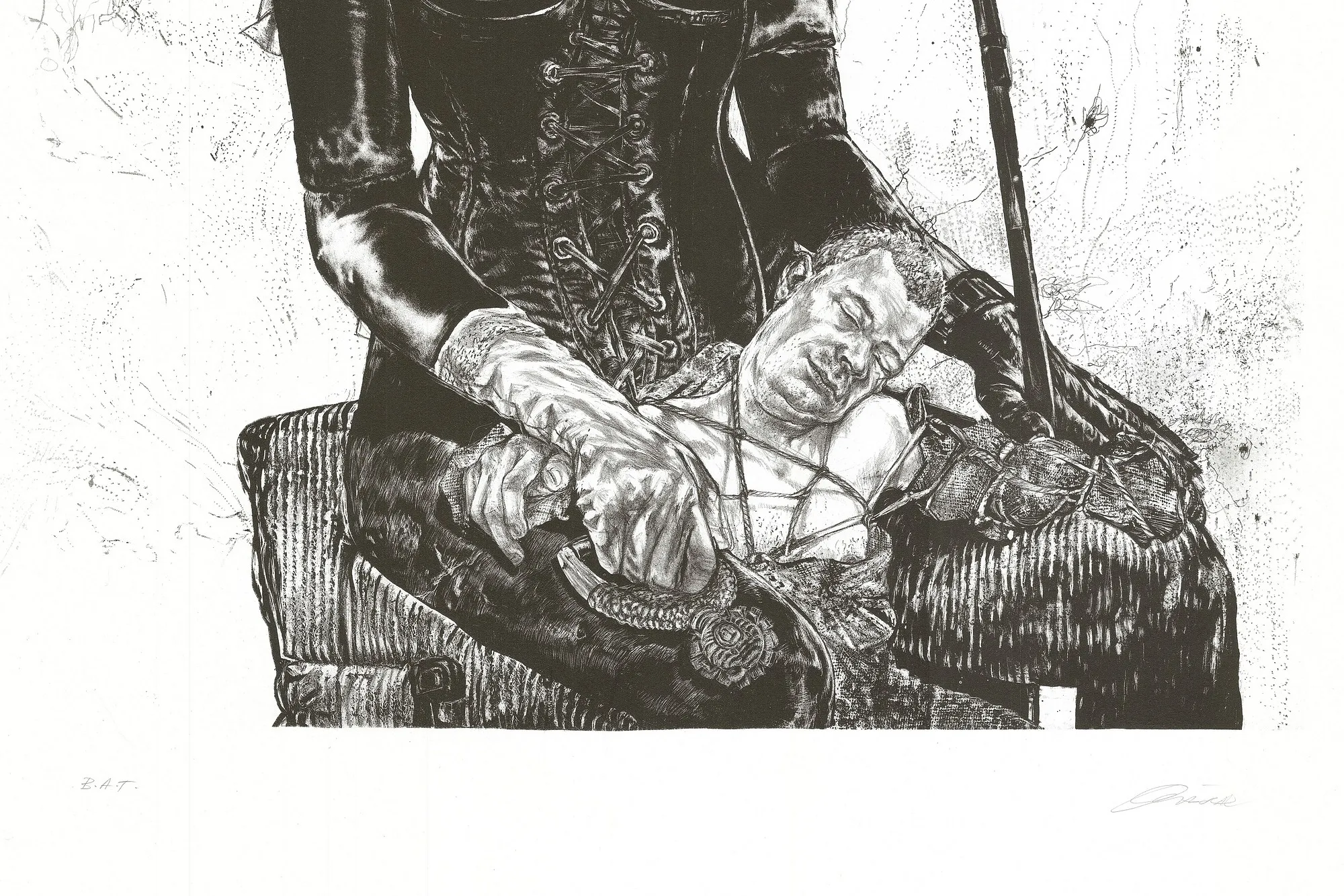 The lower margin of a print, with B.A.T. written in pencil at the left and the artist's signature at the right.
