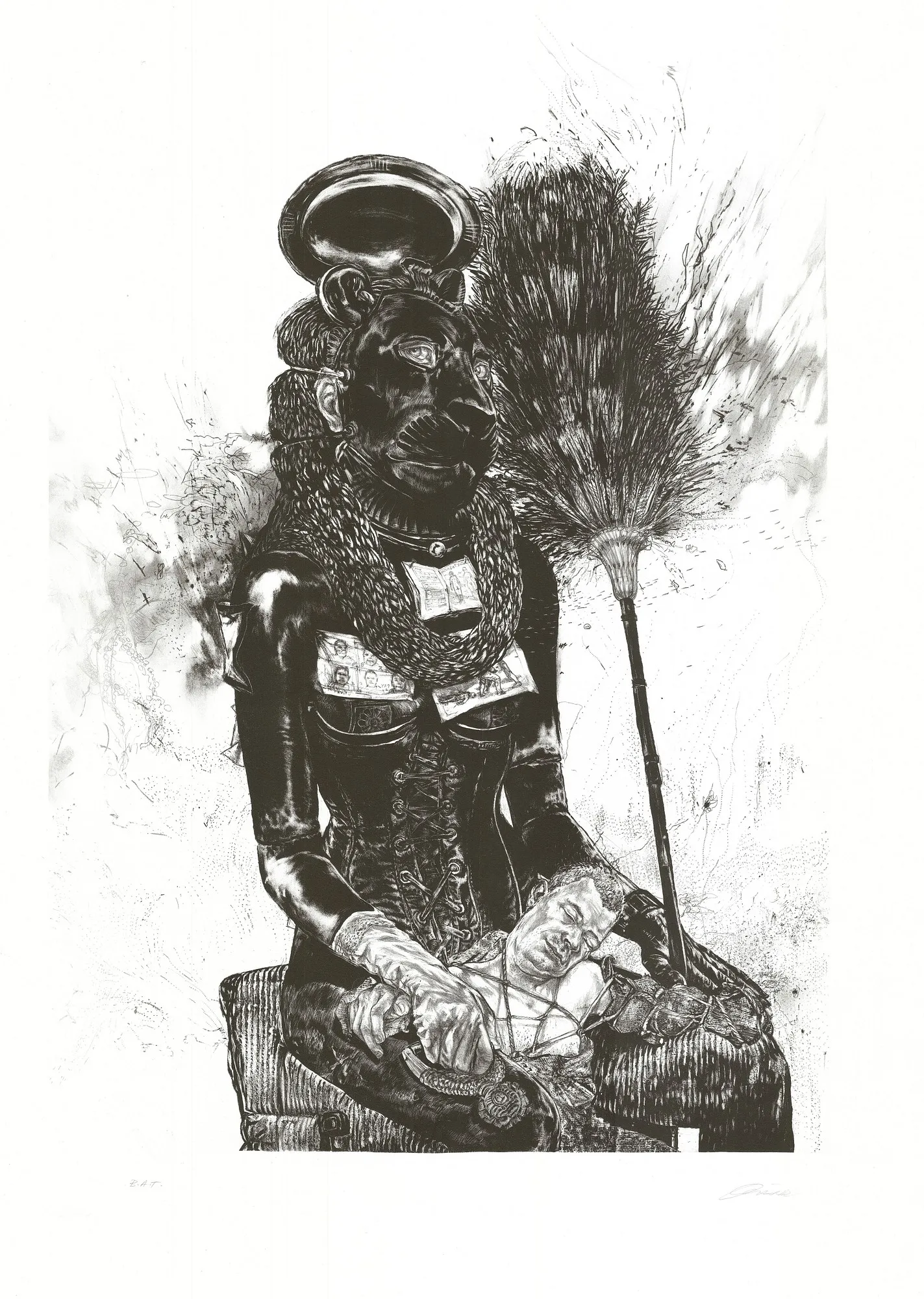 A lion-headed figure in dark robes sits holding a sleeping man across her lap, a tall fan behind her, printed in dense black on a large sheet with wide margins.