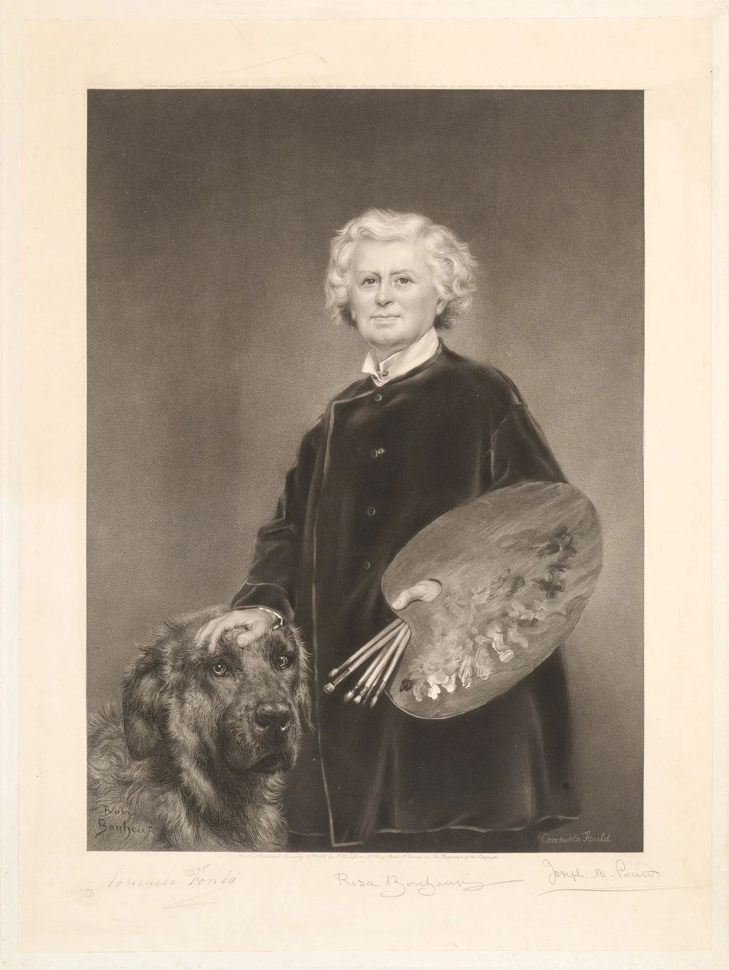 An elderly painter stands with her hand on a large dog, holding a palette and brushes, with an engraved publication line and three pencil signatures in the margin below.