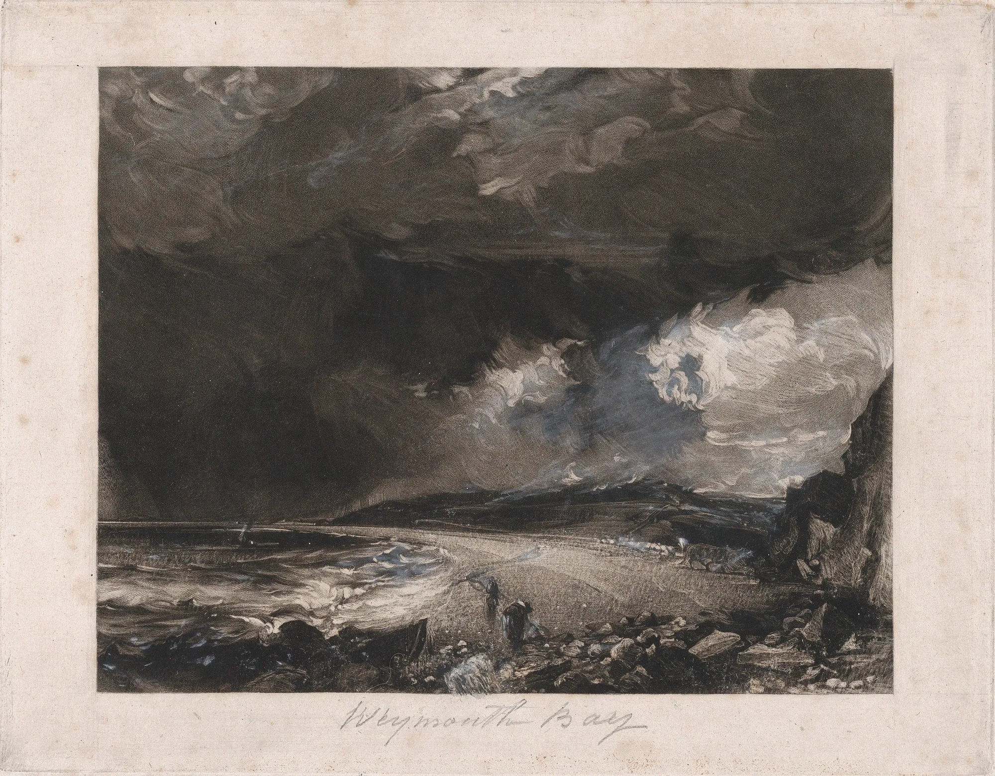 A storm over Weymouth Bay in dark mezzotint, with white chalk added to the clouds and surf, and the title written in pencil in the margin below the image.