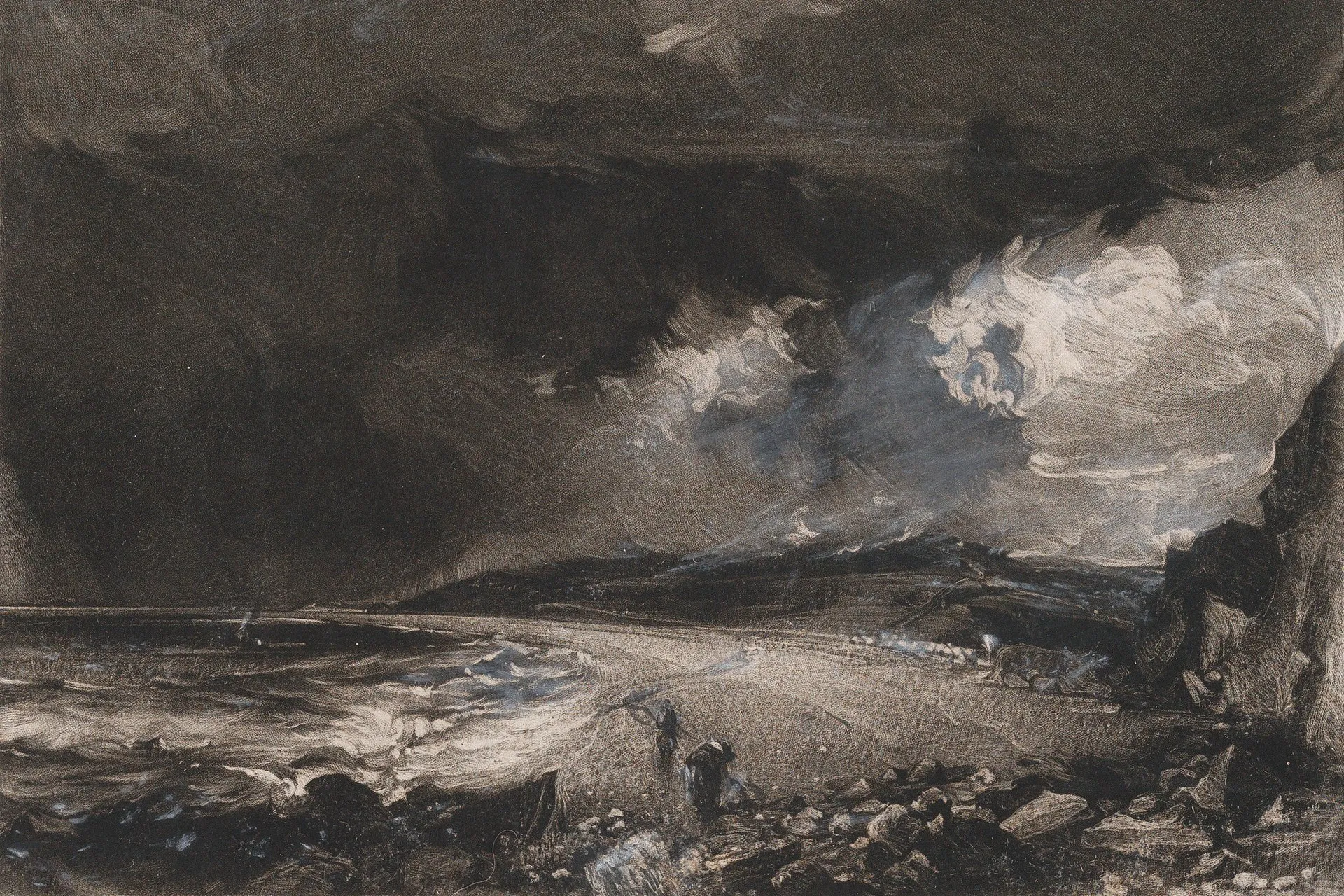 A dark mezzotint of a storm breaking over a bay, with white chalk strokes worked into the clouds and the shaft of light.