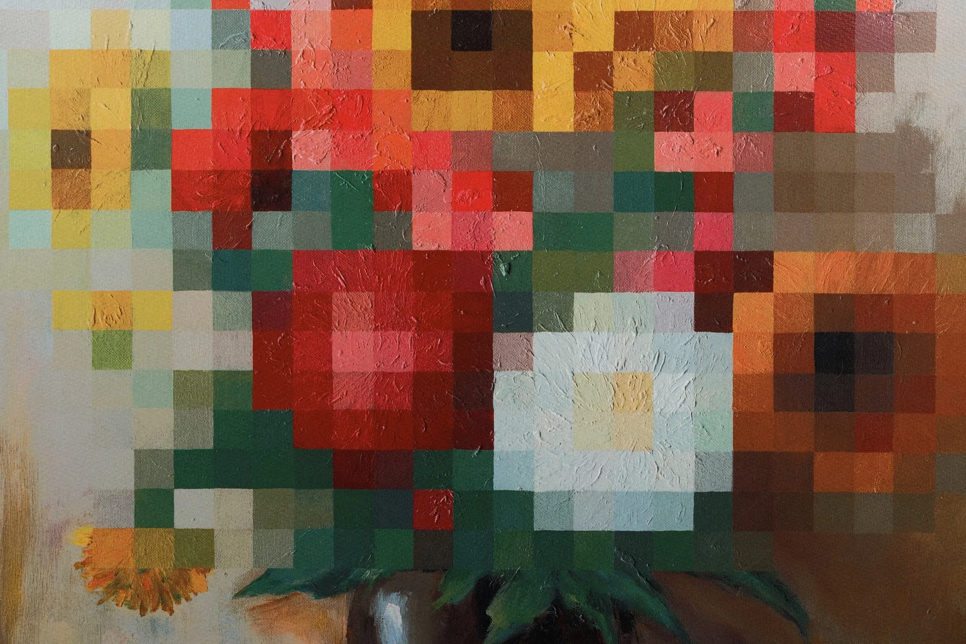 Extreme close-up of an oil flower still life where part of the textured brushwork dissolves into flat pixel squares — real paint giving way to a digital reproduction.