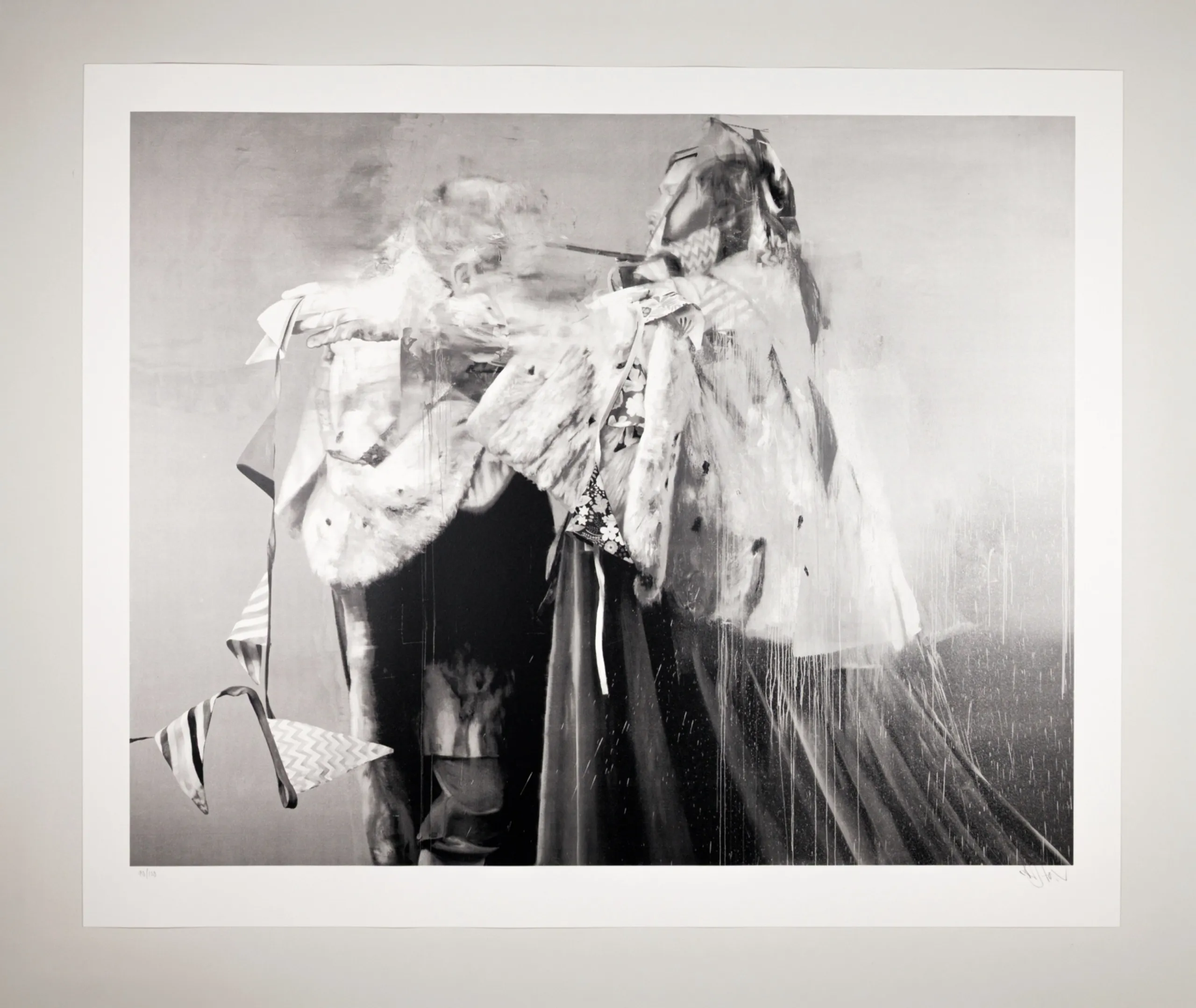 A screen print by Conor Harrington combining classical figurative painting with street-art mark-making.