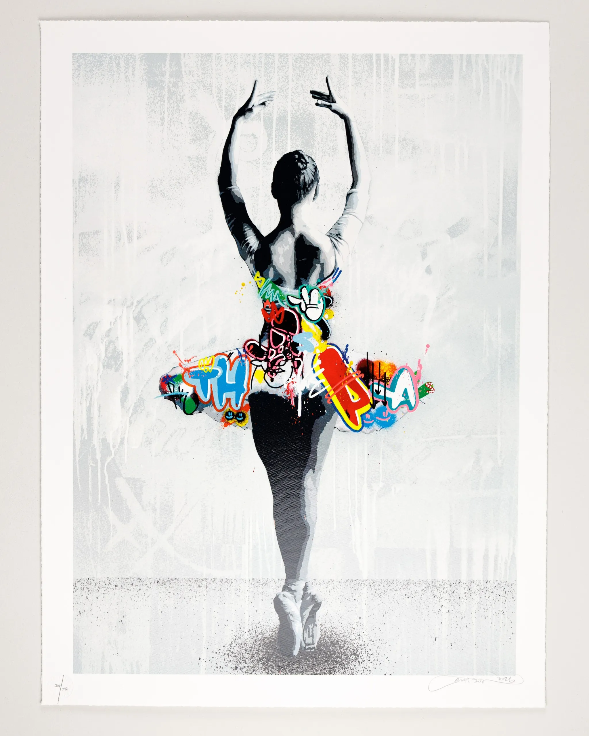 A screen print by Martin Whatson: stencilled grey imagery overlaid with bursts of graffiti colour.