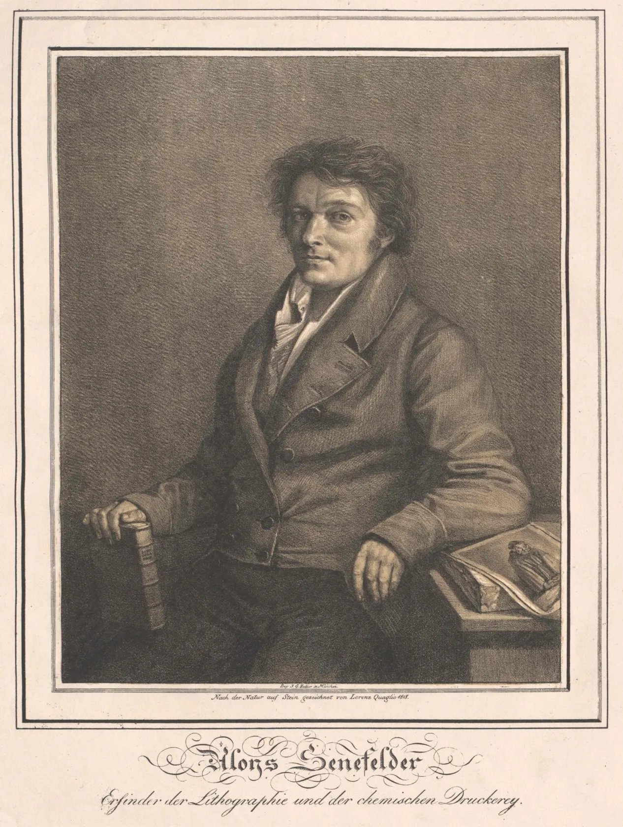 A lithographic portrait of Alois Senefelder, the inventor of lithography, seated.