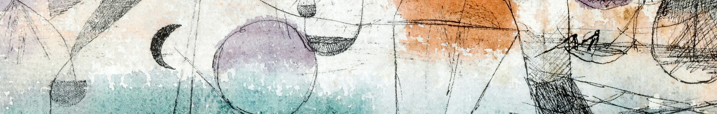 A wide crop of an etched print washed with watercolour — fine ink lines over pale teal, lilac, and orange, with a crescent moon and floating circular forms.