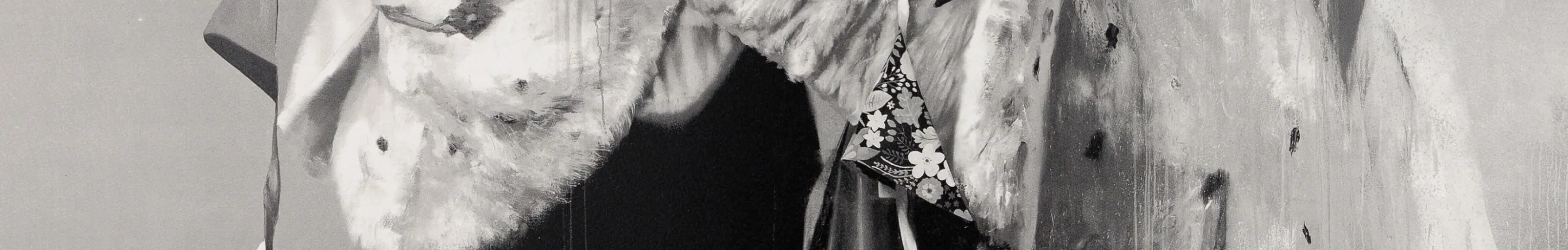 Detail of Conor Harrington's Welcome to the Cabaret, a screen print: a figure in a fur-collared coat and floral tie, overlaid with white brushstrokes.